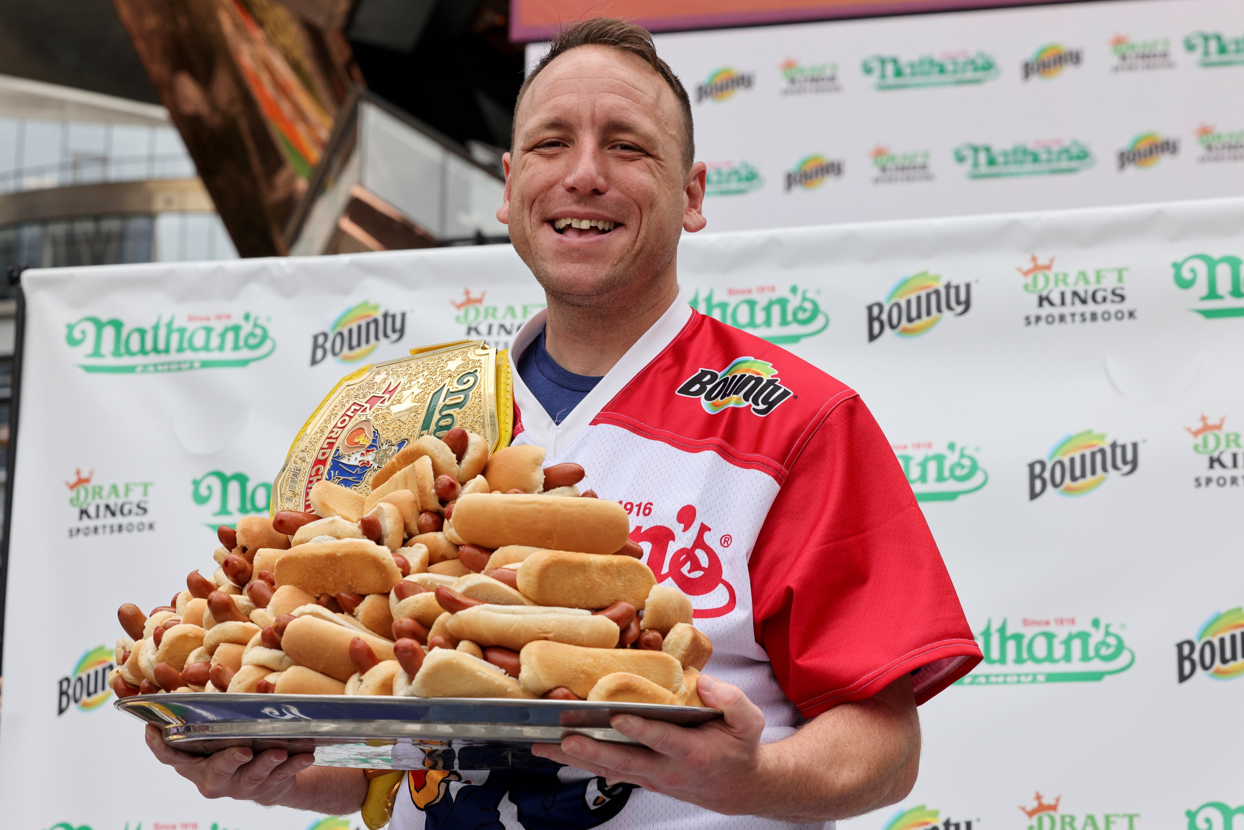 Nathan’s Famous hot dog-eating contest champion Joey Chestnut at the official weigh-in ceremony in Manhattan, New York last year. Photo: Reuters
