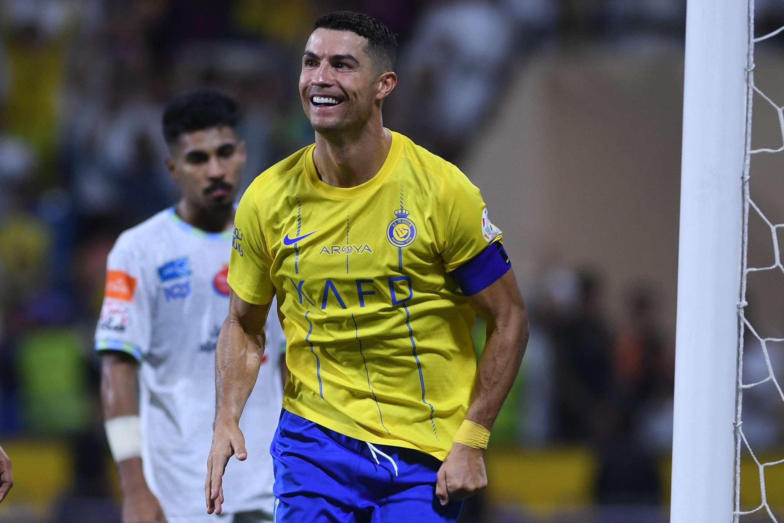 Al-Nassr’s Cristiano Ronaldo celebrates scoring a goal during the Saudi Pro League against Al Fateh SC at Prince Abdullah Bin Jalawi Stadium. Photo: DPA