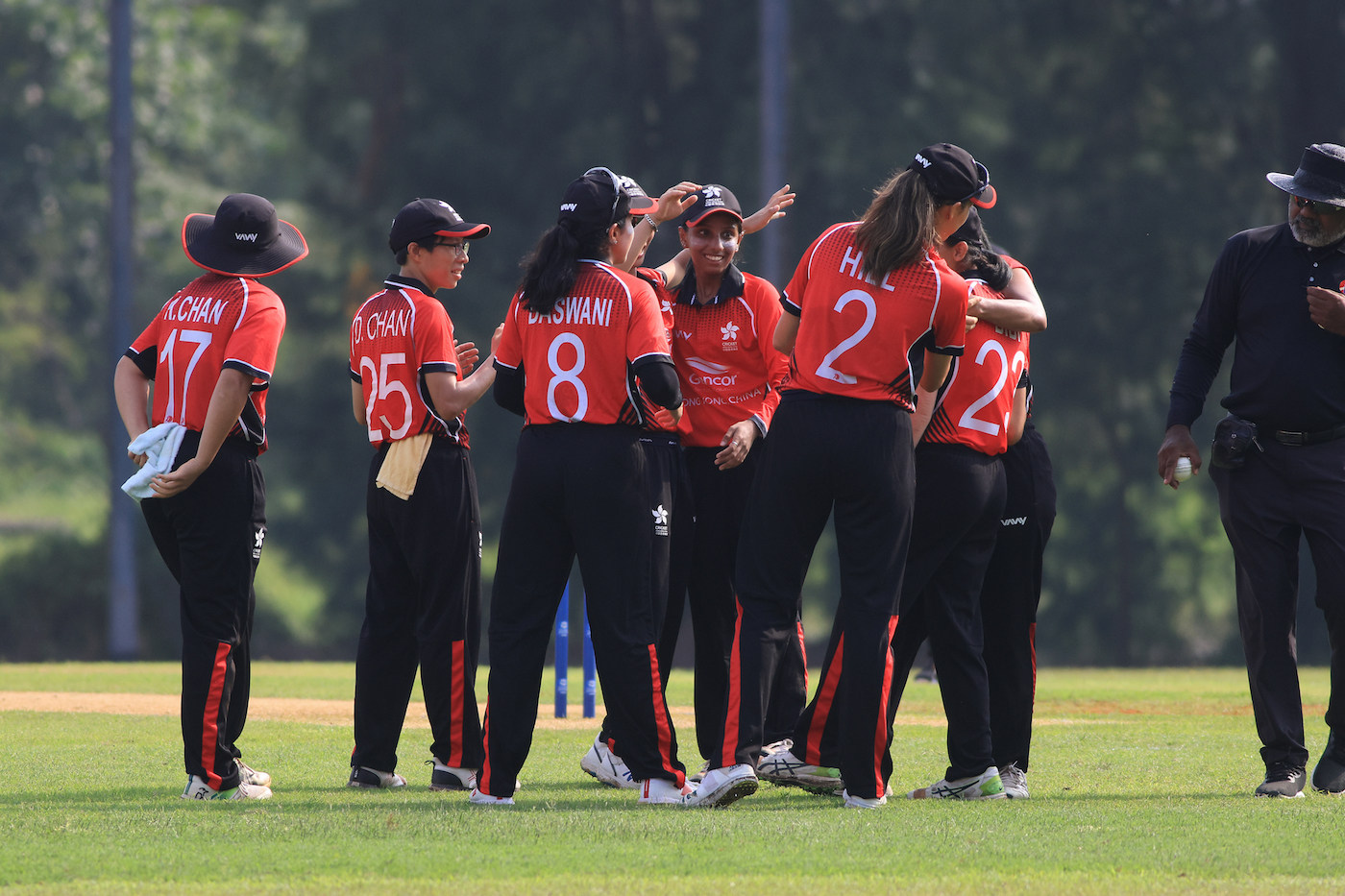 Hong Kong’s players celebrate after taking a wicket during their game against the hosts in the Malaysia T20i Quadrangular Series at Bayuemas Oval. Photo: Malaysian Cricket Association