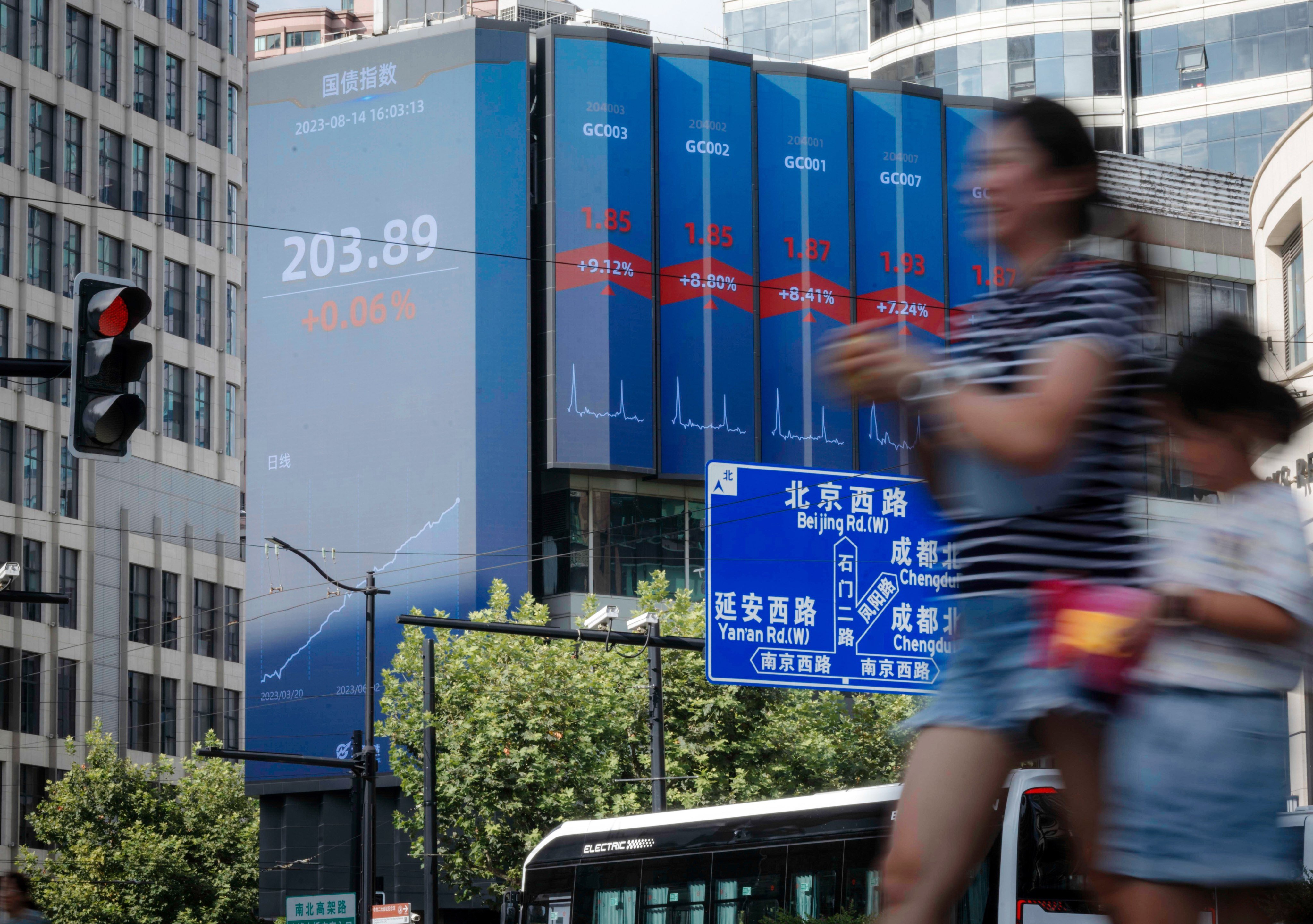 People walk on the street in front of a large screen showing latest stock exchange data, in Shanghai on August 14. Photo: EPA-EFE
