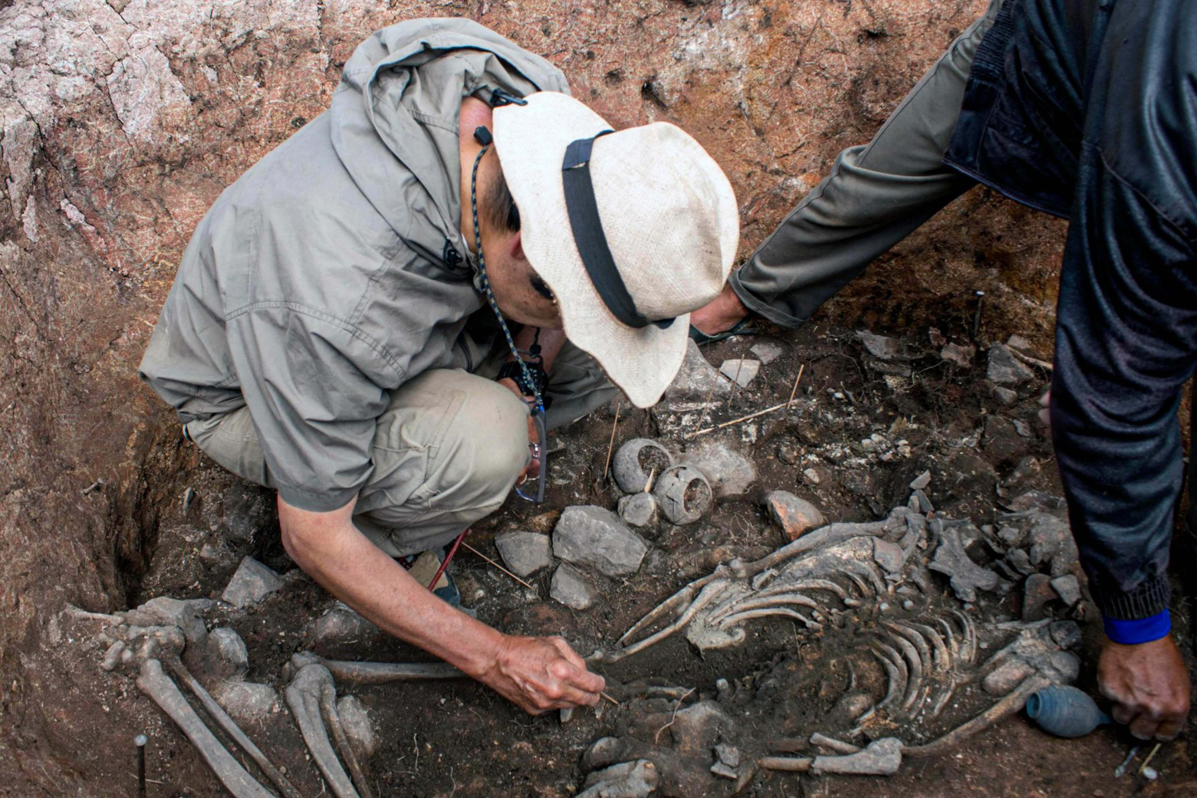 An archaeologist examines the remains of a 3,000-year-old priest’s tomb, found by a group of Japanese and Peruvian archaeologists under a ceremonial site at the Pacopampa archeological site, in Cajamarca, northeast of Peru. Photo: Handout / Peruvian Ministry of Culture / AFP