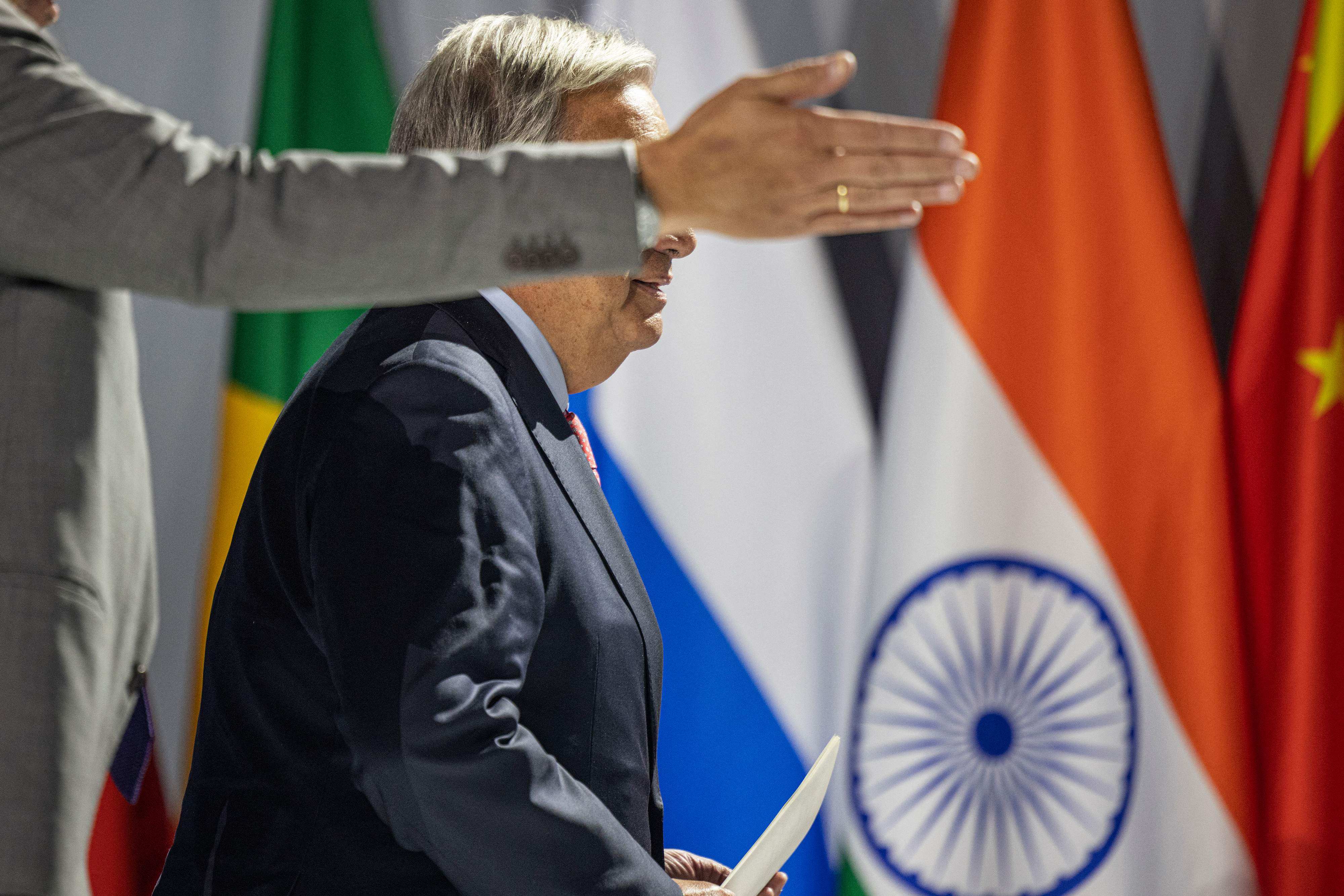 UN Secretary-General Antonio Guterres arrives at a press conference during the 2023 Brics Summit at the Sandton Convention Centre in Johannesburg on August 24. The Brics grouping’s expansion could be seen as part of an effort to promote institutions not crafted and led by Western powers. Photo: AFP