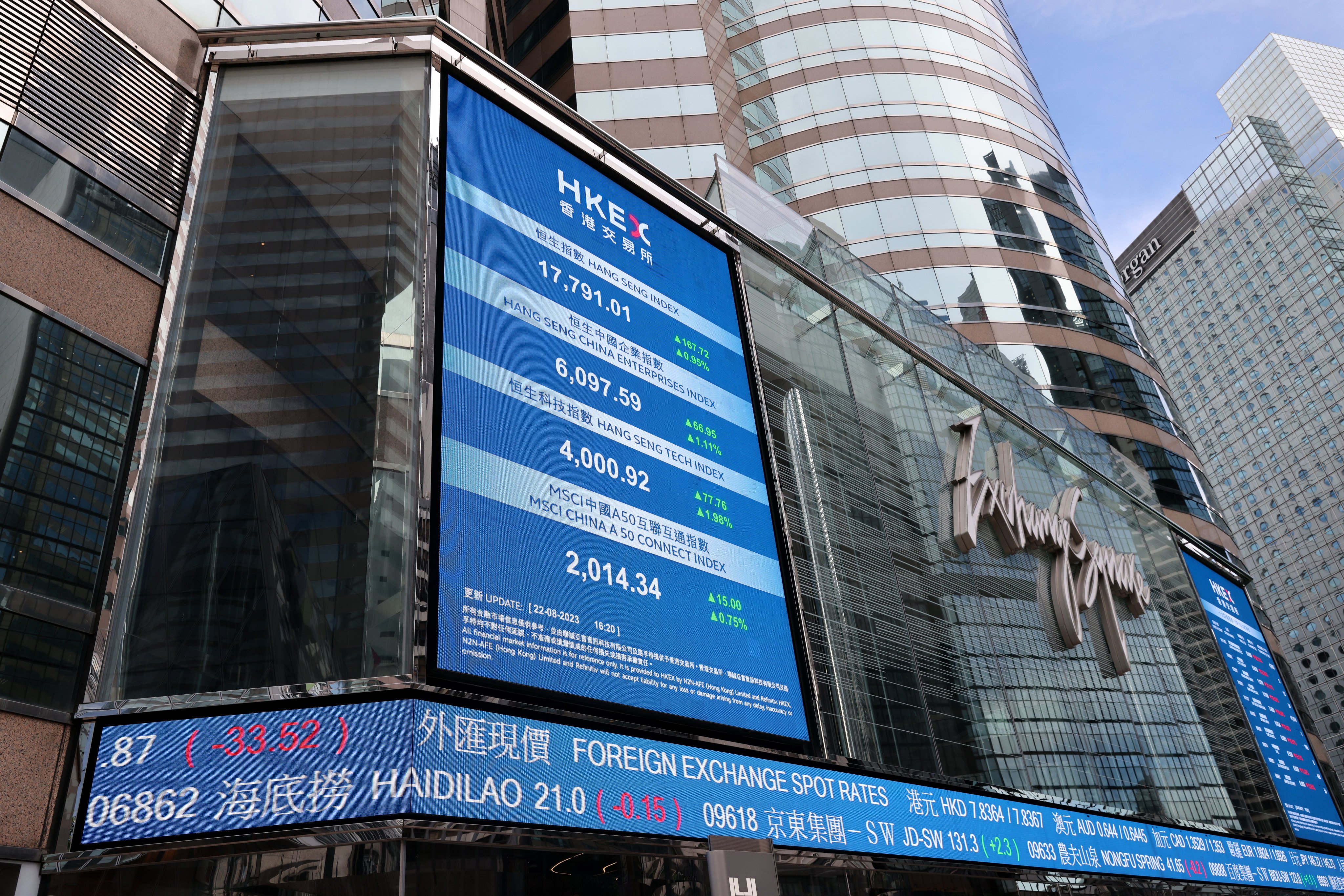 An electronic billboard displays the Hang Seng Index and stocks outside Exchange Square in Central. An insider has stopped short of saying whether the task force will look into reducing the costs of trading.Photo: Yik Yeung-man