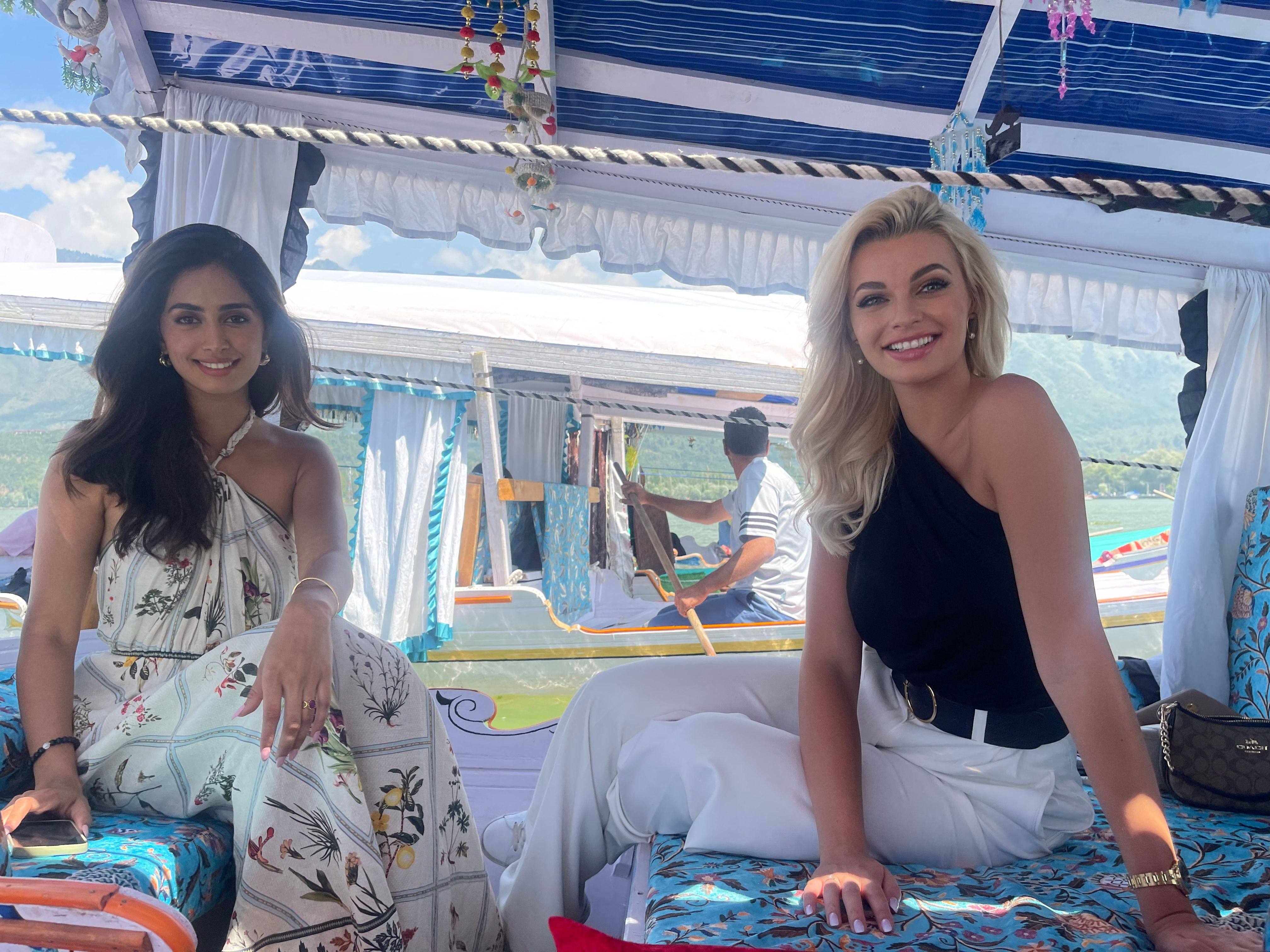 Miss World 2022 Karolina Bielawska (right) and Miss India World 2022 Sini Shetty ride a boat on the Dal lake in Srinagar, summer capital of Jammu and Kashmir, on Tuesday. Photo: Jammu and Kashmir Tourism Department / AFP