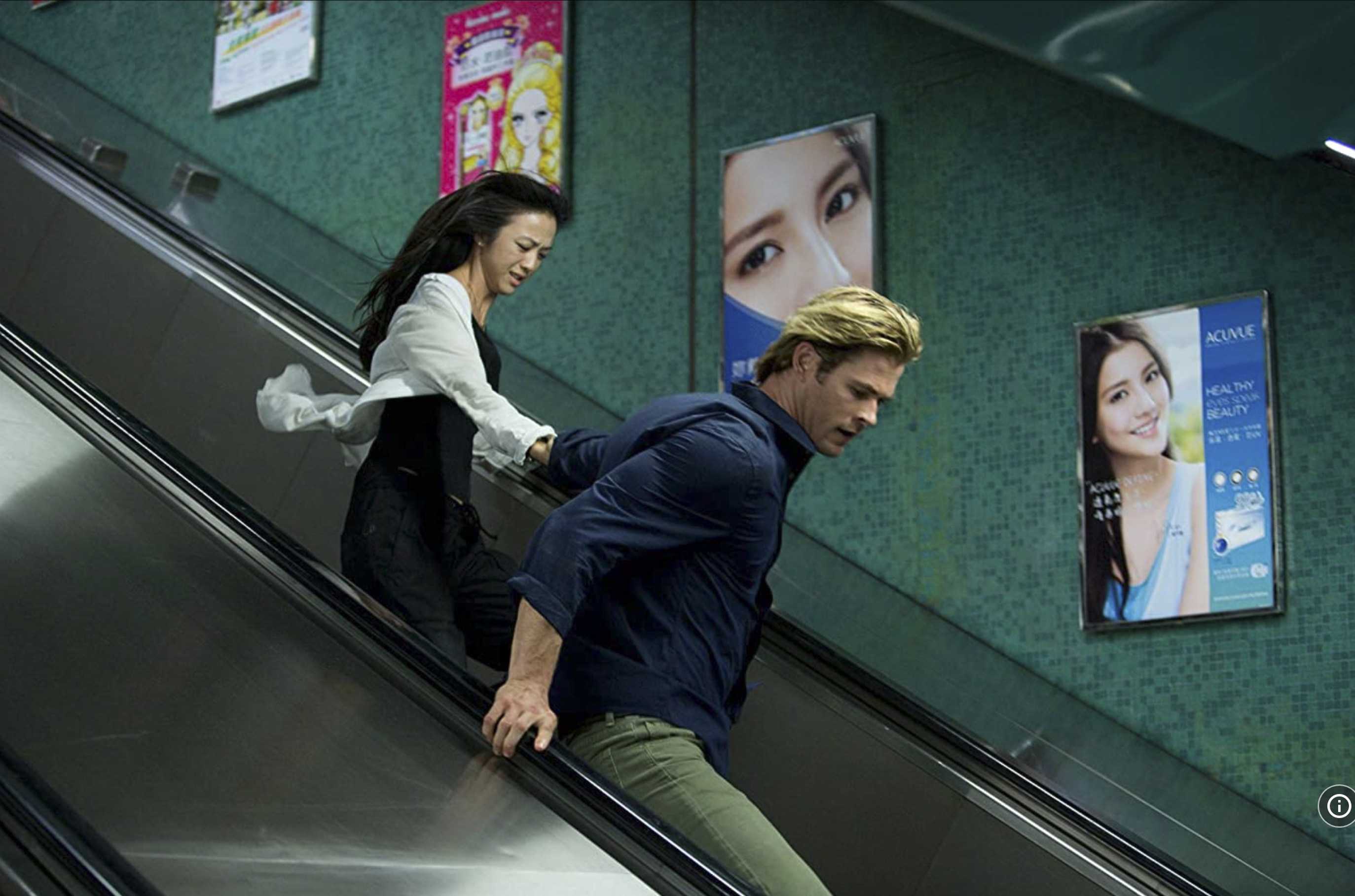 Tang Wei and Chris Hemsworth ride an escalator in a station on Hong Kong MTR subway network in a still from “Blackhat” (2015). Michael Mann’s 2015 film had plenty of expertly filmed action set pieces, but little else going for it. Photo: Universal Pictures