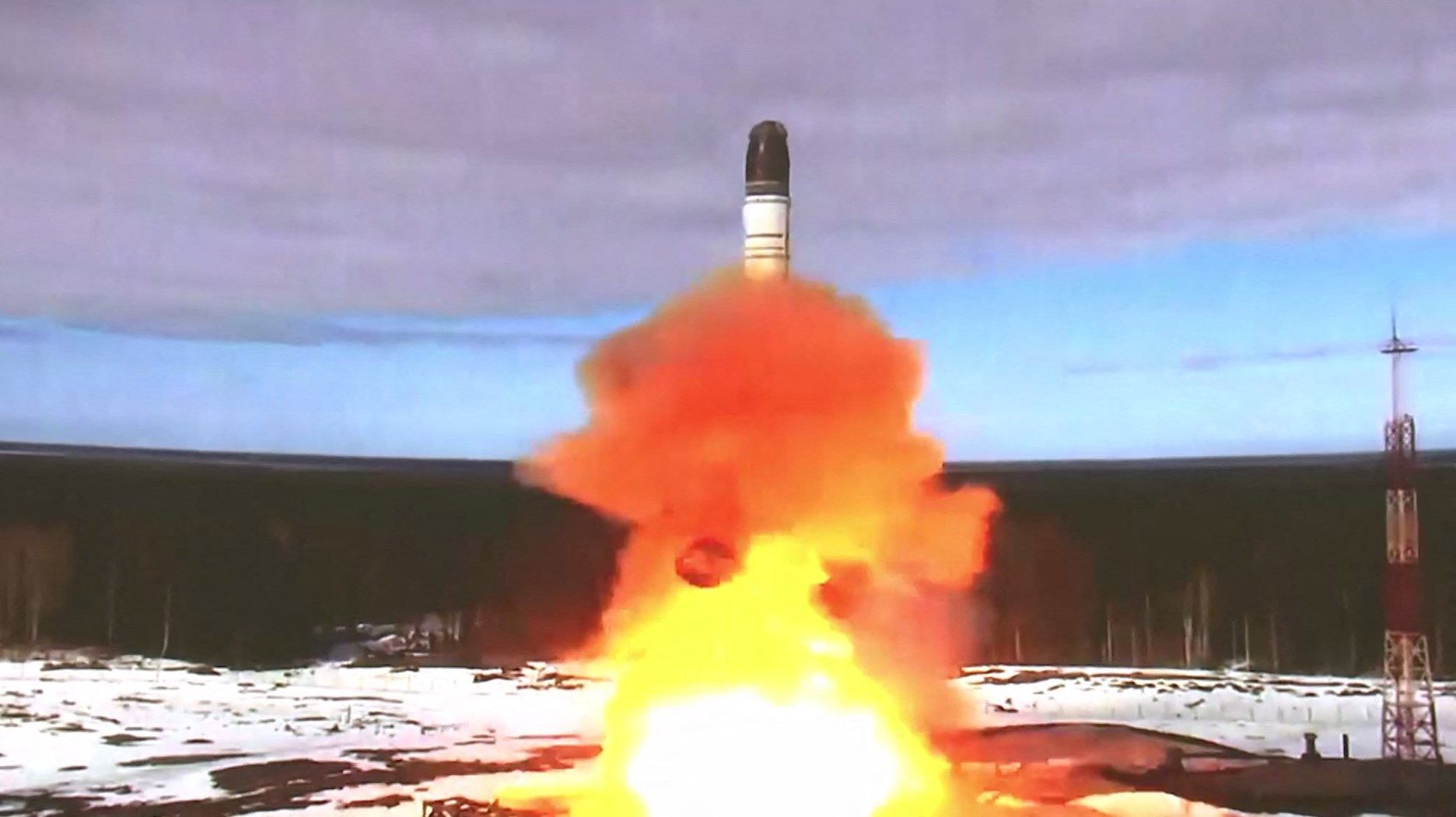 A Sarmat intercontinental ballistic missile is launched at Plesetsk testing field in Russia in April 2022. Photo: Russian Defence Ministry via AFP