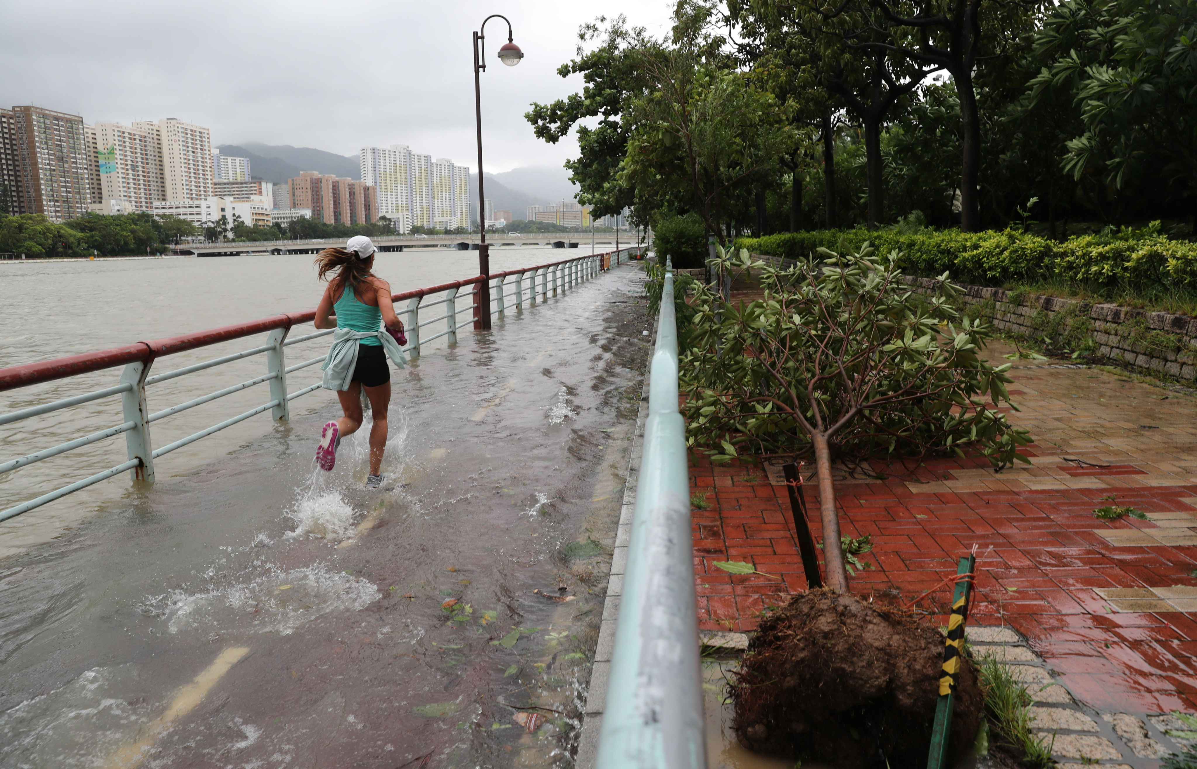A jogger braves breached banks along Shing Mun River in Sha Tin in the wake of Typhoon Saola. Photo: Sam Tsang