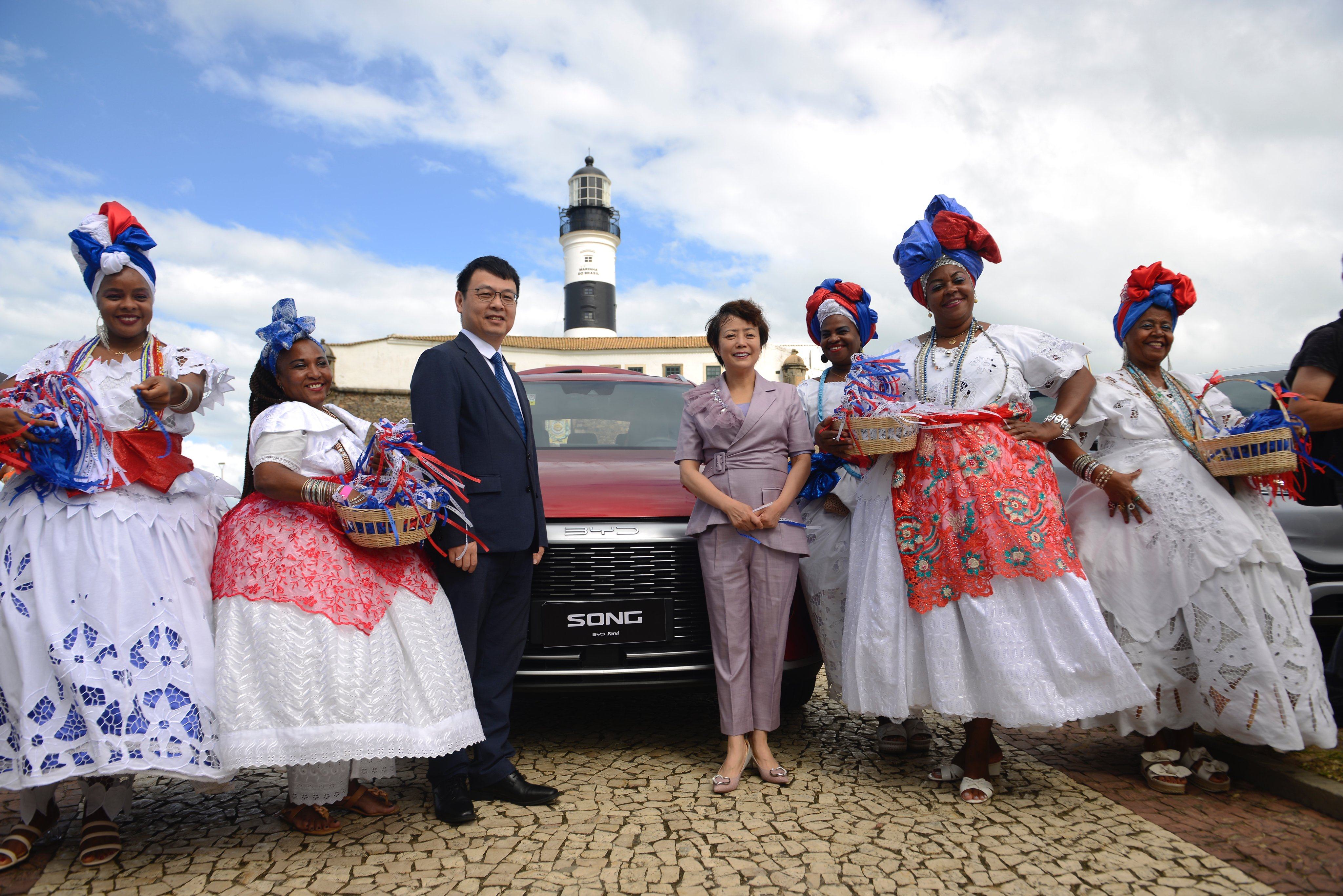 BYD executives Tyler Li and Stella Li pose in Bahia state in Brazil as the Chinese car and battery company announces new plants in the country in July. Photo: BYD