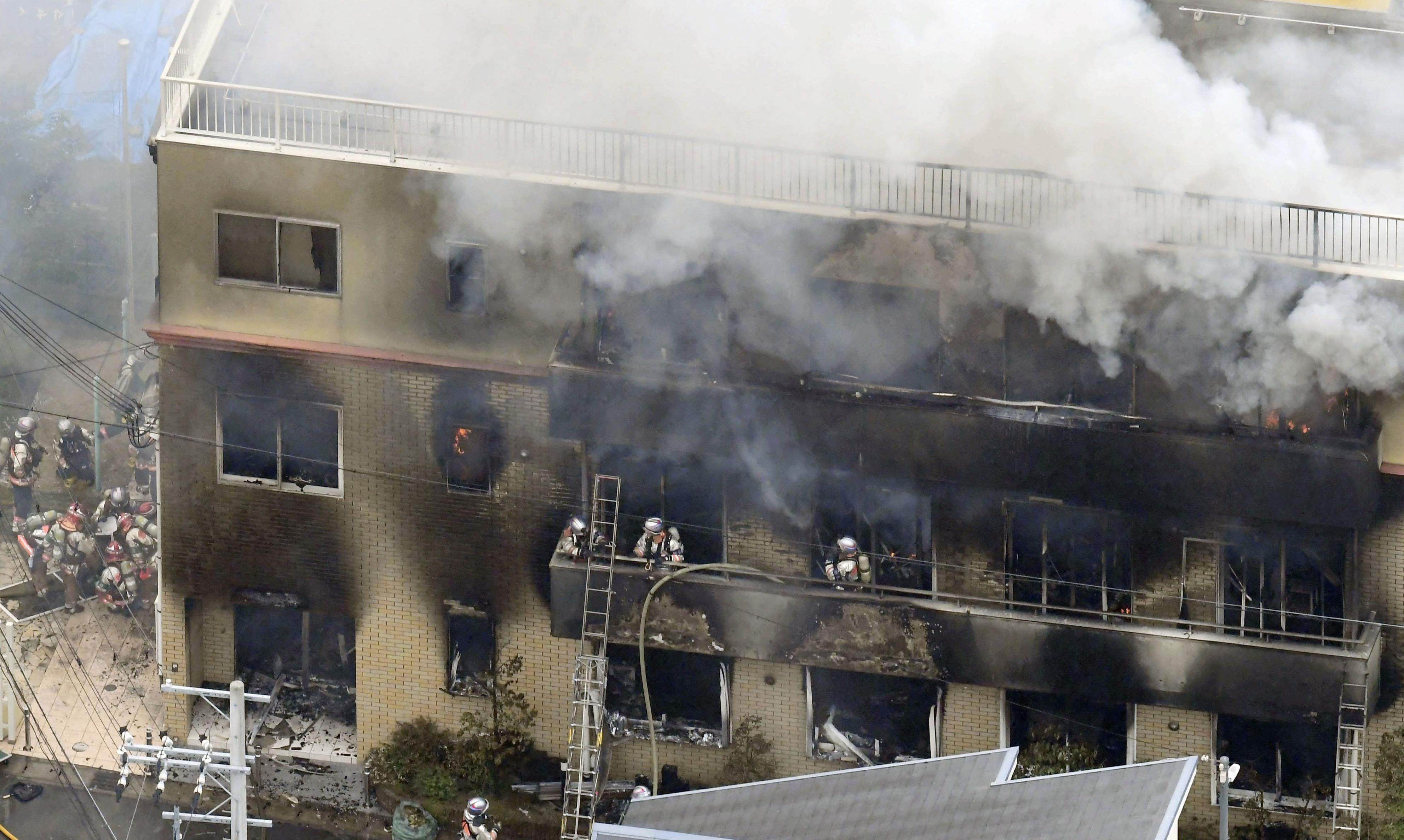 Firefighters battle the blaze at Kyoto Animation’s studios in July 2019. Shinji Aoba admitted on Tuesday to starting the fire that left 36 people dead. Photo: Kyodo News via AP