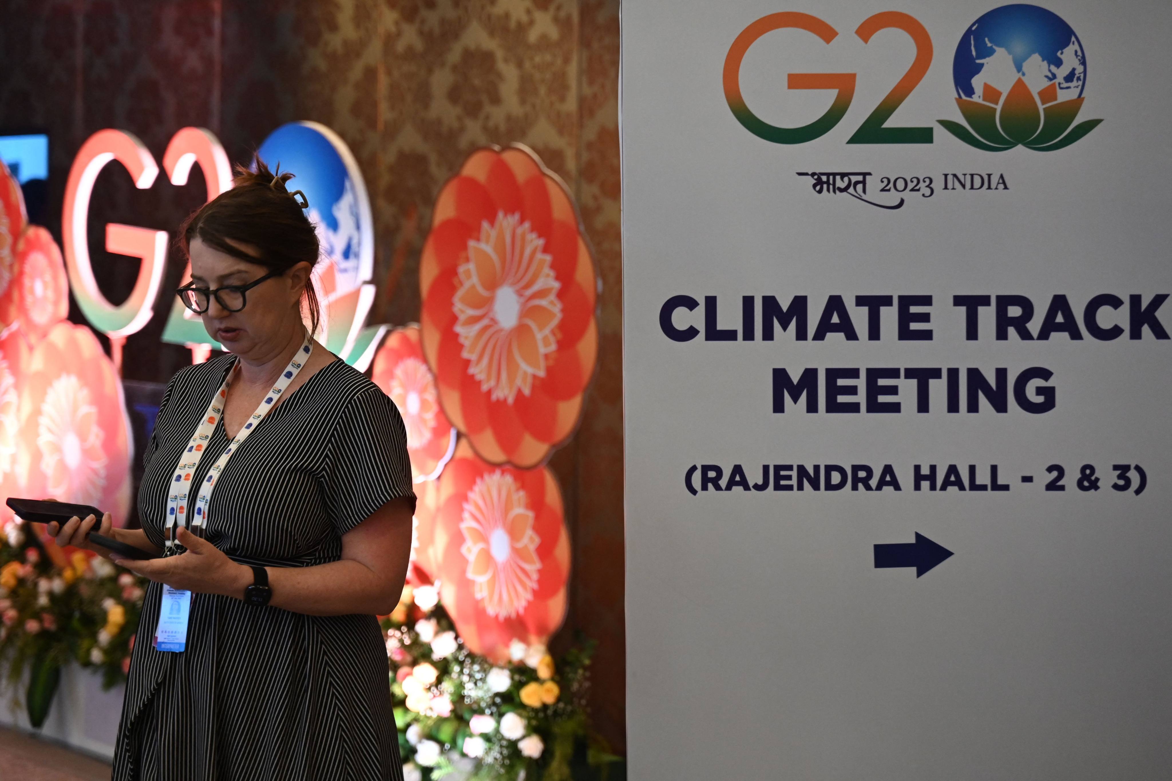 A delegate is seen at the G20 environmental and climate sustainability ministers’ meeting in Chennai on July 28, where ministers failed to agree on targets to reduce emissions and accelerate the energy transition. Photo: AFP