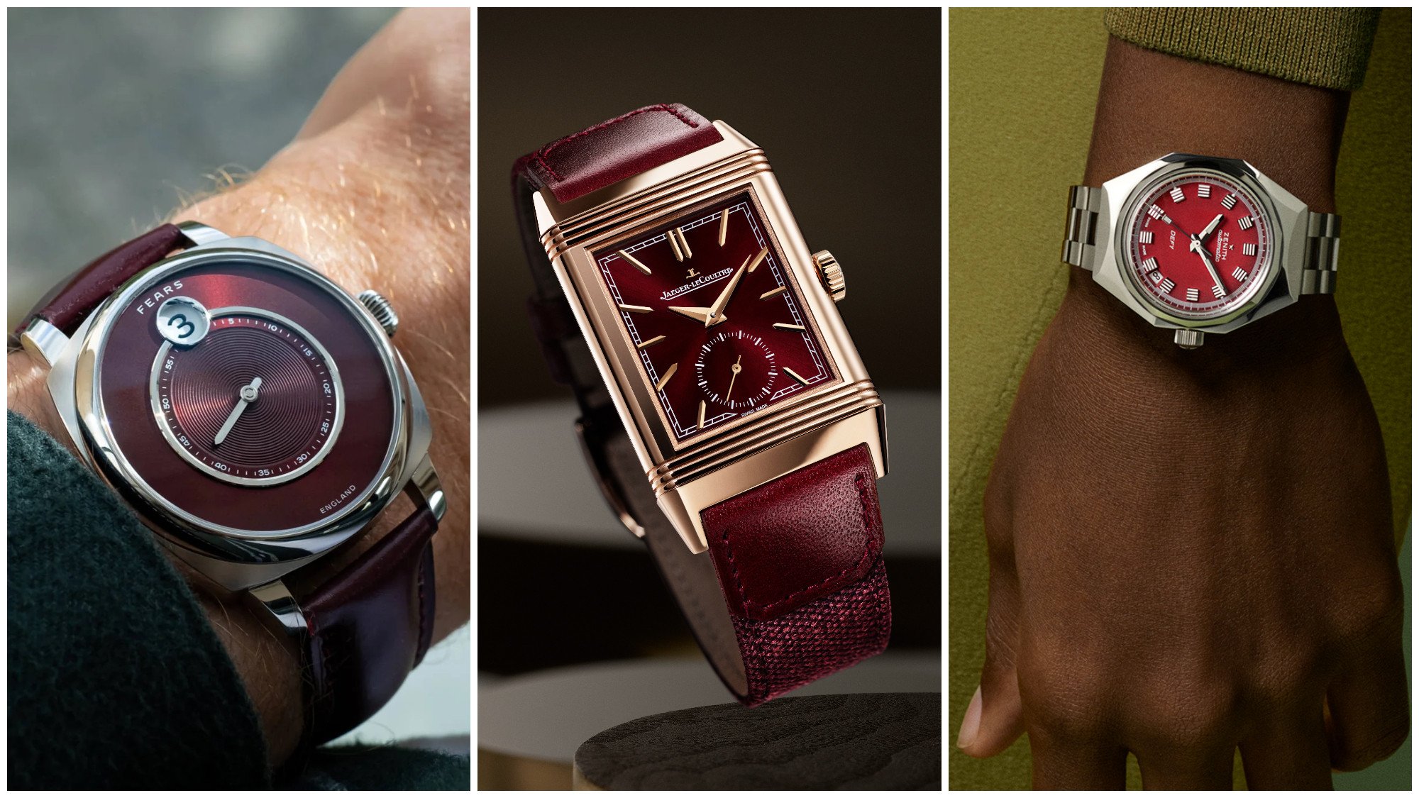 Red timepiece dials are all the rage lately, including Fears x Christopher Ward Alliance 01, Jaeger-LeCoultre Reverso Tribute Small Seconds, and Zenith Defy Revival. Photos: Handout