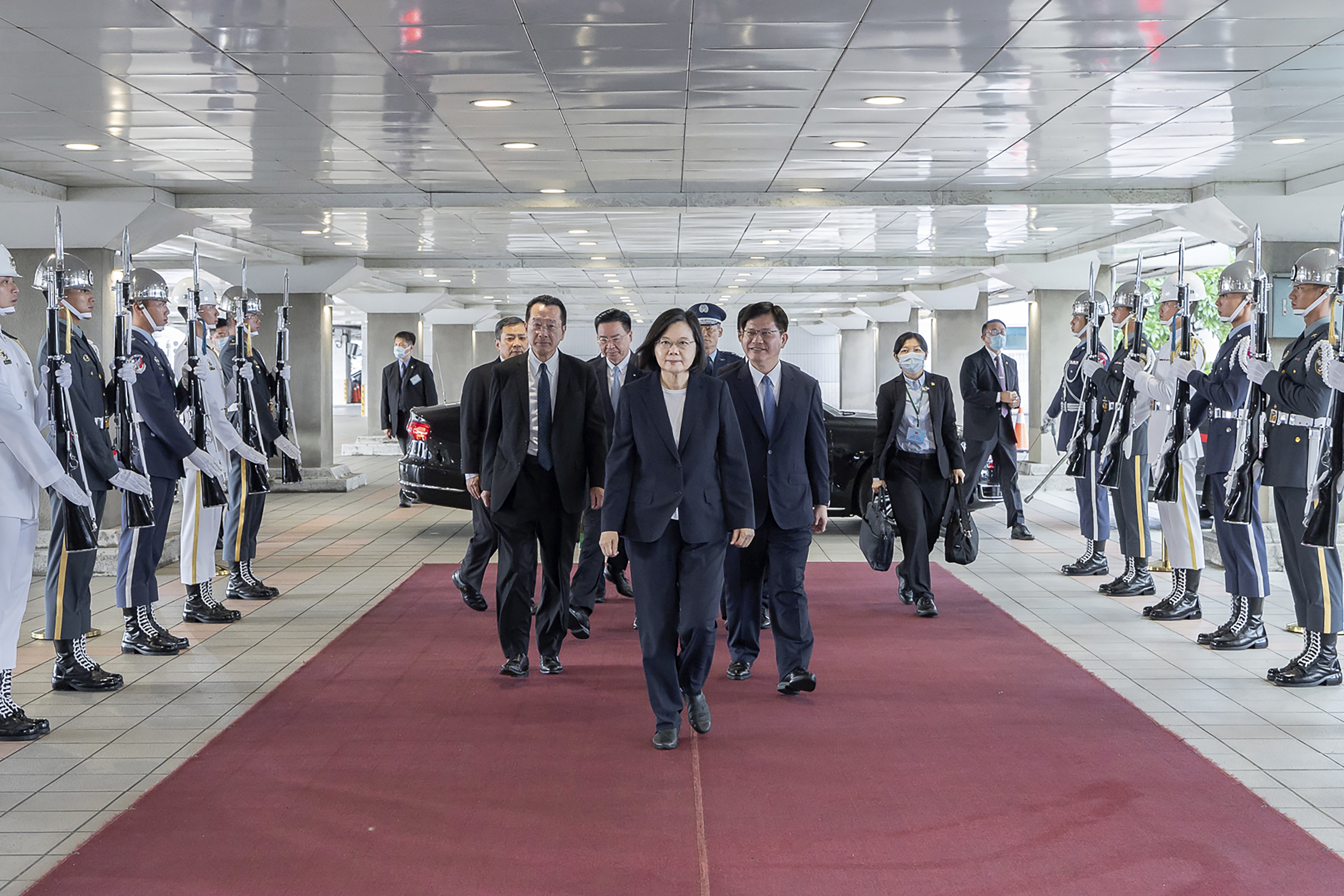 Taiwanese President Tsai Ing-wen (centre) prepares to leave the island for eSwatini, one of only 13 countries with full diplomatic ties with Taiwan, on Tuesday. Photo: AP