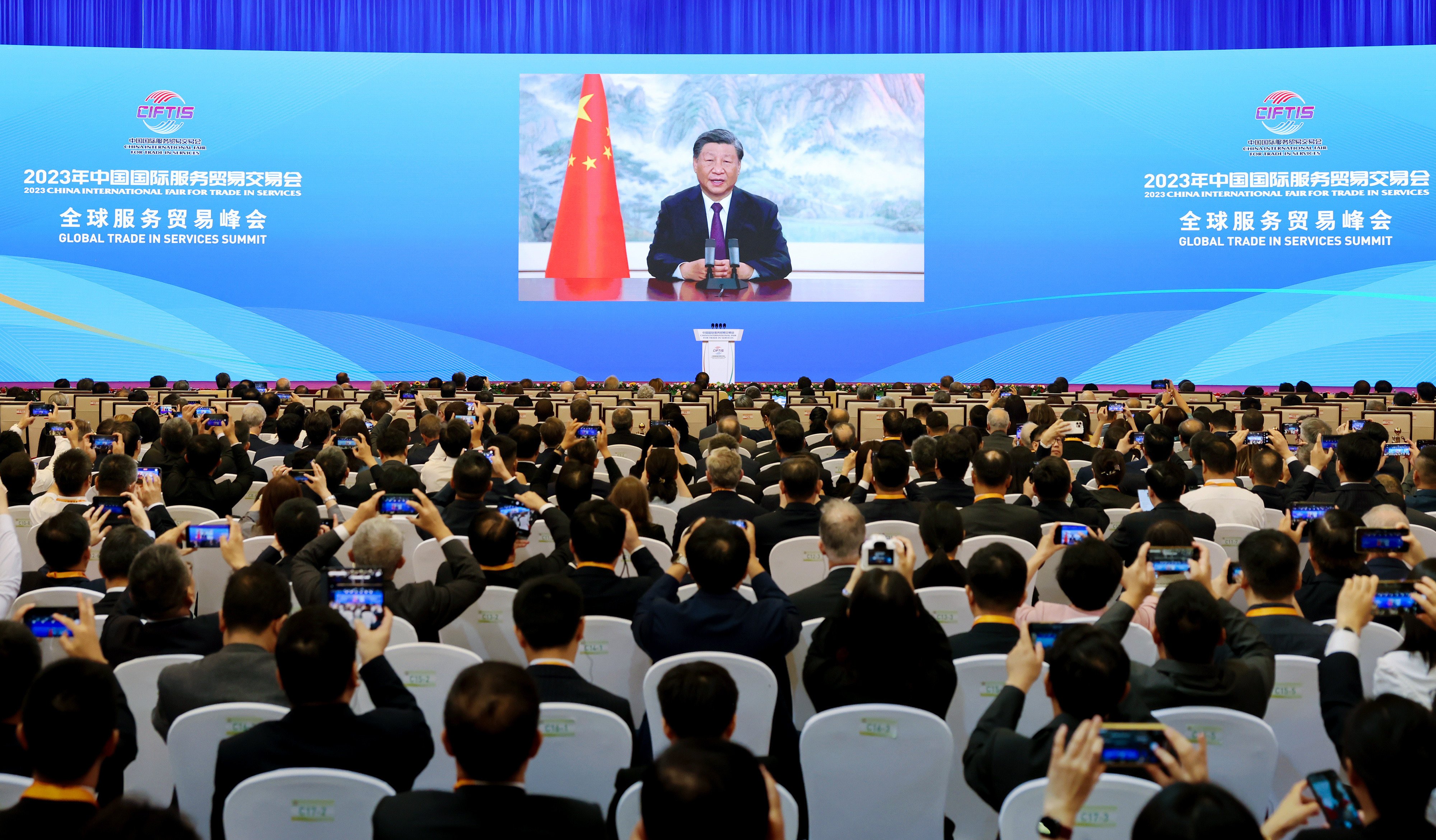 President Xi Jinping addresses the Global Trade in Services Summit of the 2023 China International Fair for Trade in Services in Beijing on Saturday. Photo: Xinhua