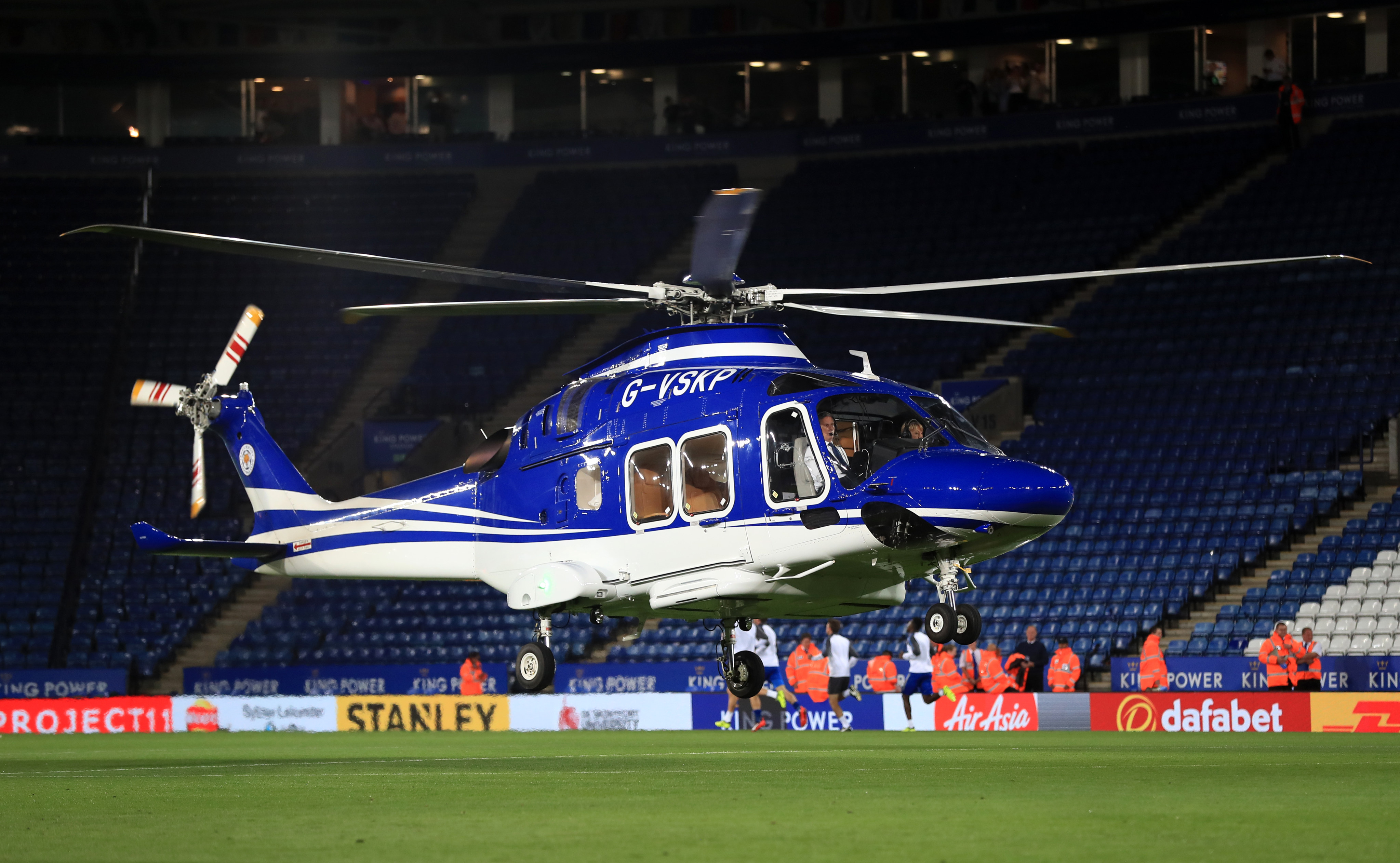 A helicopter belonging to Leicester City owner Vichai Srivaddhanaprabha takes off from the King Power Stadium in 2017. Photo: DPA