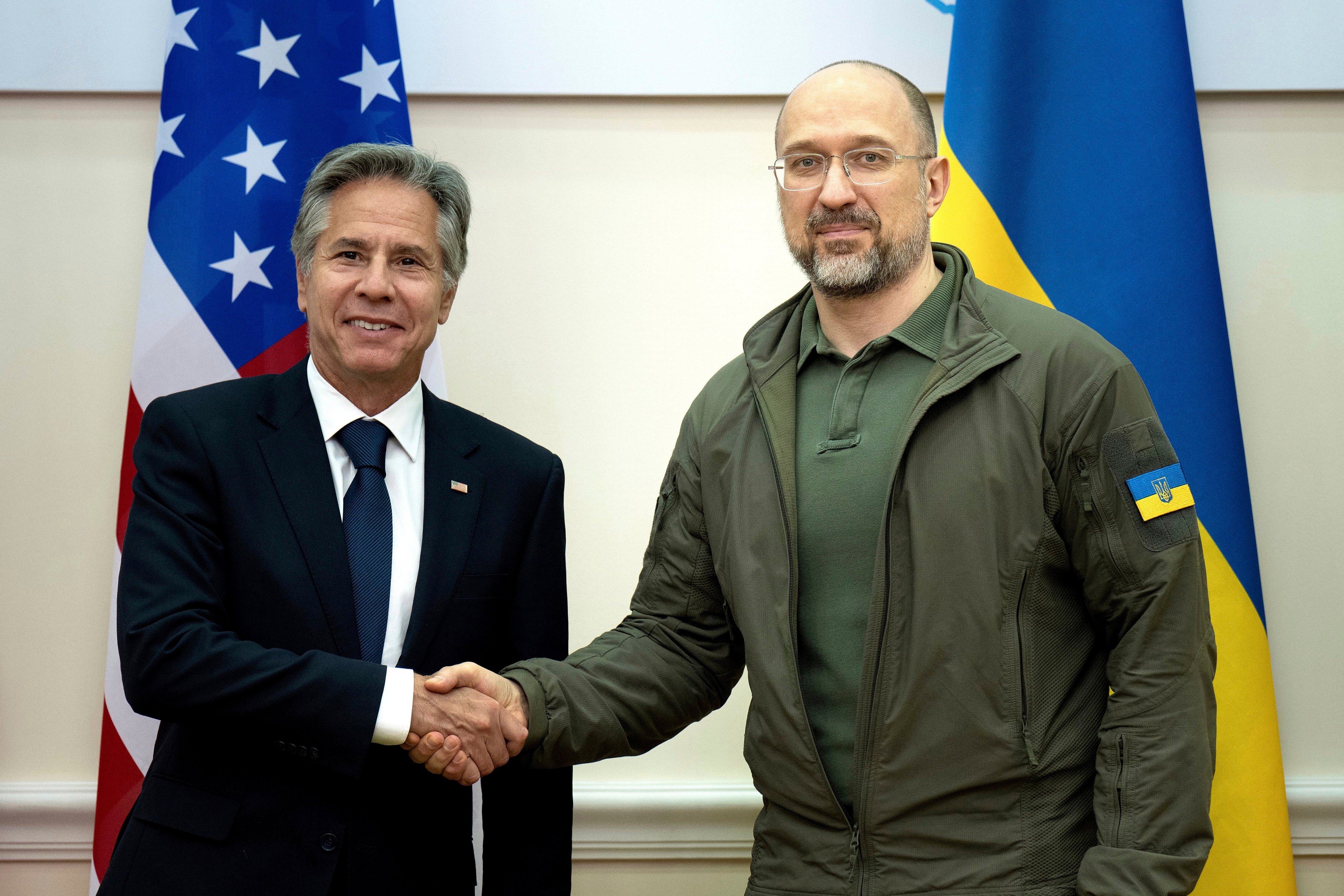 US Secretary of State Antony Blinken, left, shakes hands with Ukraine’s Prime Minister Denys Shmyhal in Kyiv. Photo: AP