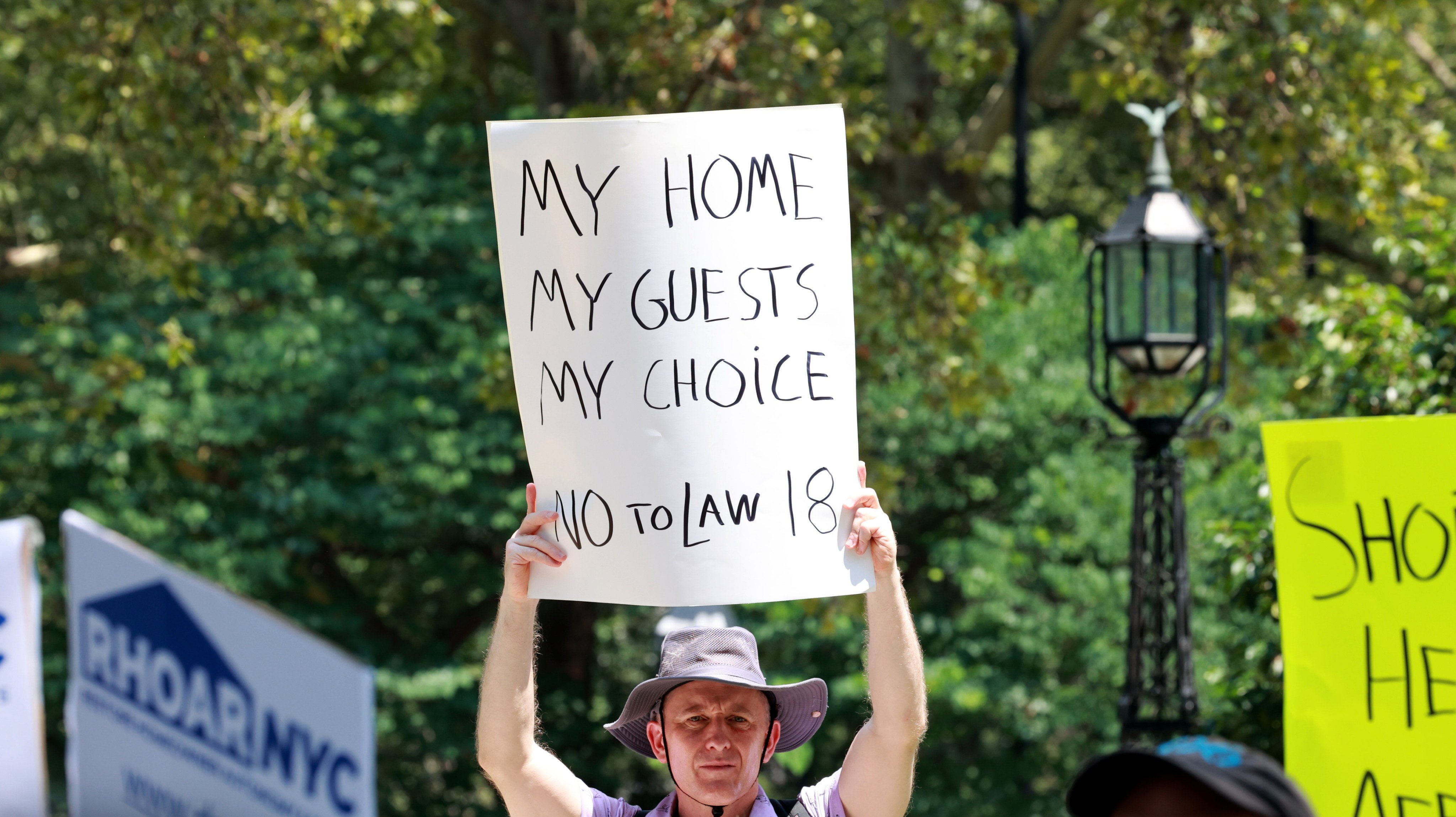Airbnb hosts rally in New York City to speak out against short-term rental regulations on July 12, 2023. Short-term rental regulations have gone into effect in New York City, delivering a large blow to many Airbnb hosts. Photo: Getty Images