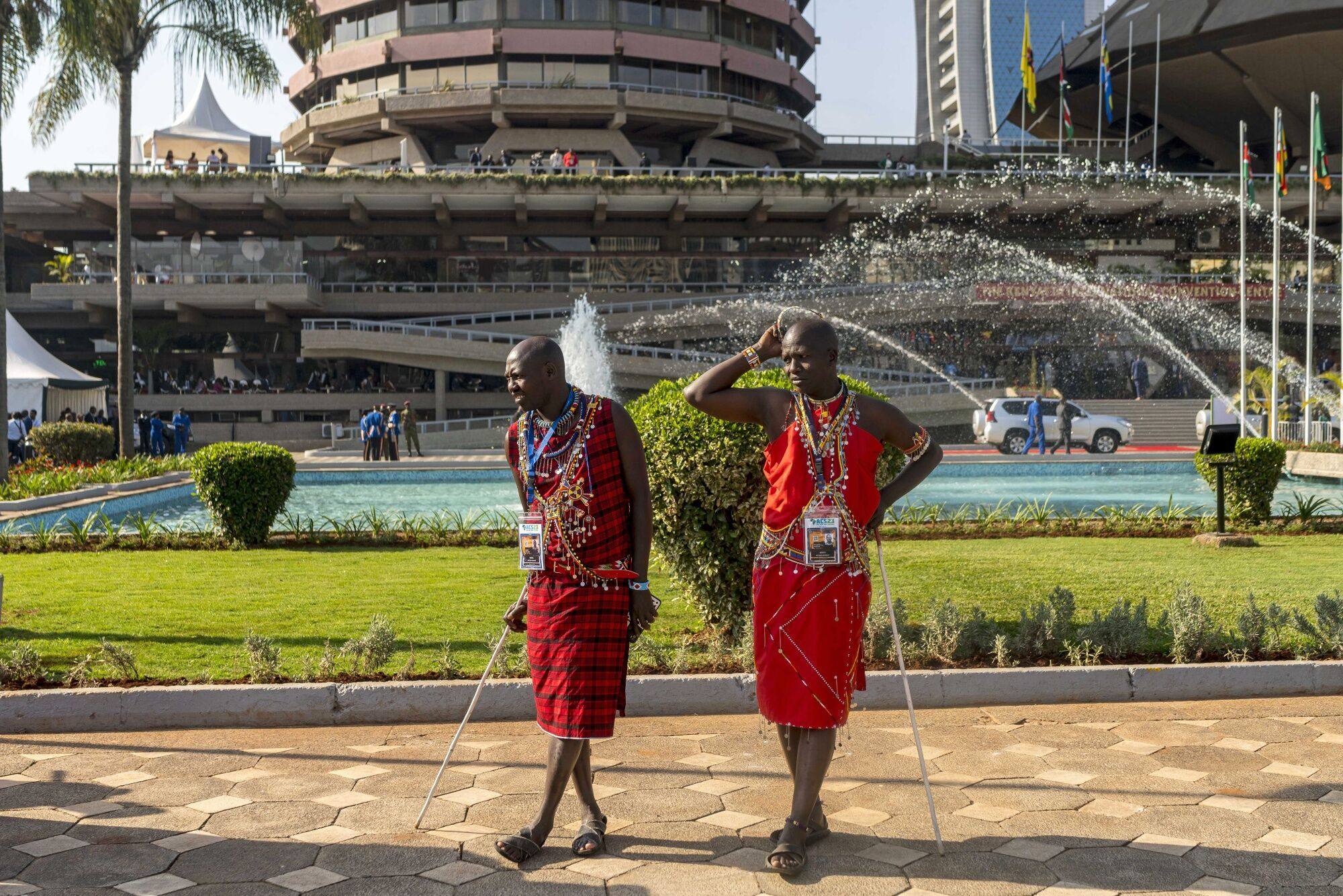 Two Maasai delegates during the Africa Climate Summit outside the Kenyatta International Convention Centre in Nairobi, Kenya. Photo: Bloomberg