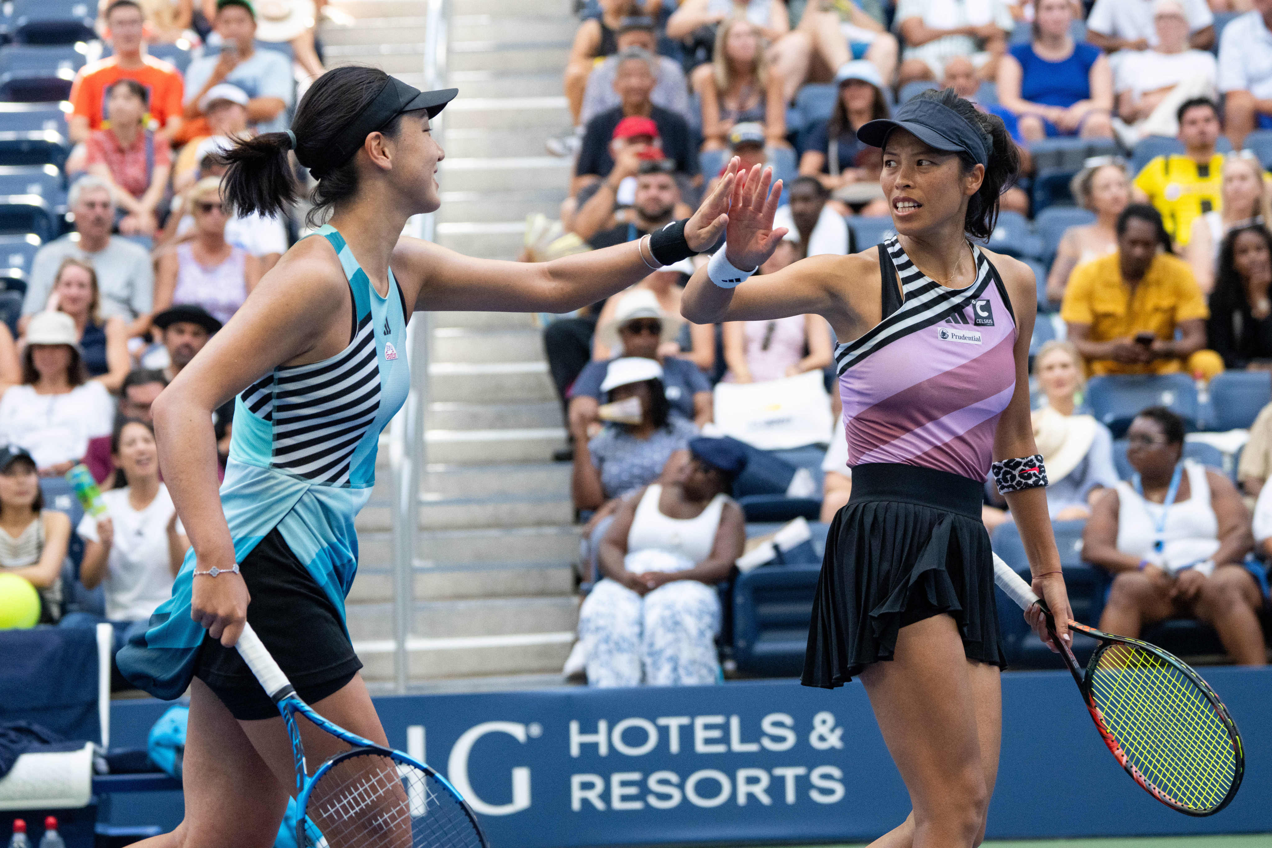 Wang Xinyu (left) and Hsieh Su-Wei are on course for a second major title in 2023 after beating Coco Gauff and Jessica Pegula to reach the women’s doubles semi-finals at the US Open. Photo: Xinhua