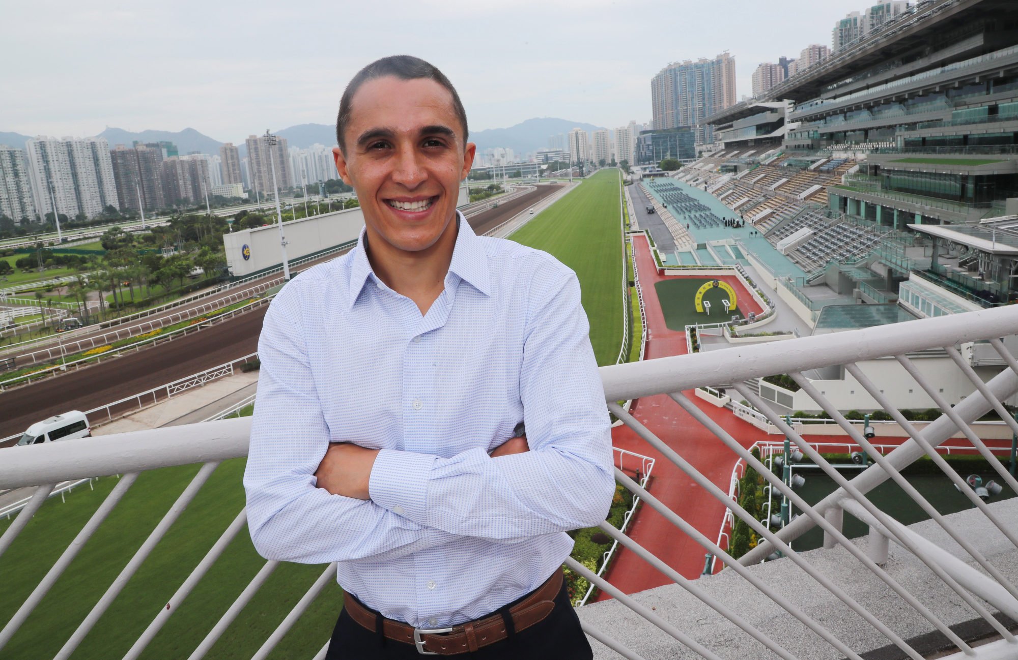 South Africa’s reigning champion jockey, Keagan De Melo, meets the media at Sha Tin on Tuesday.