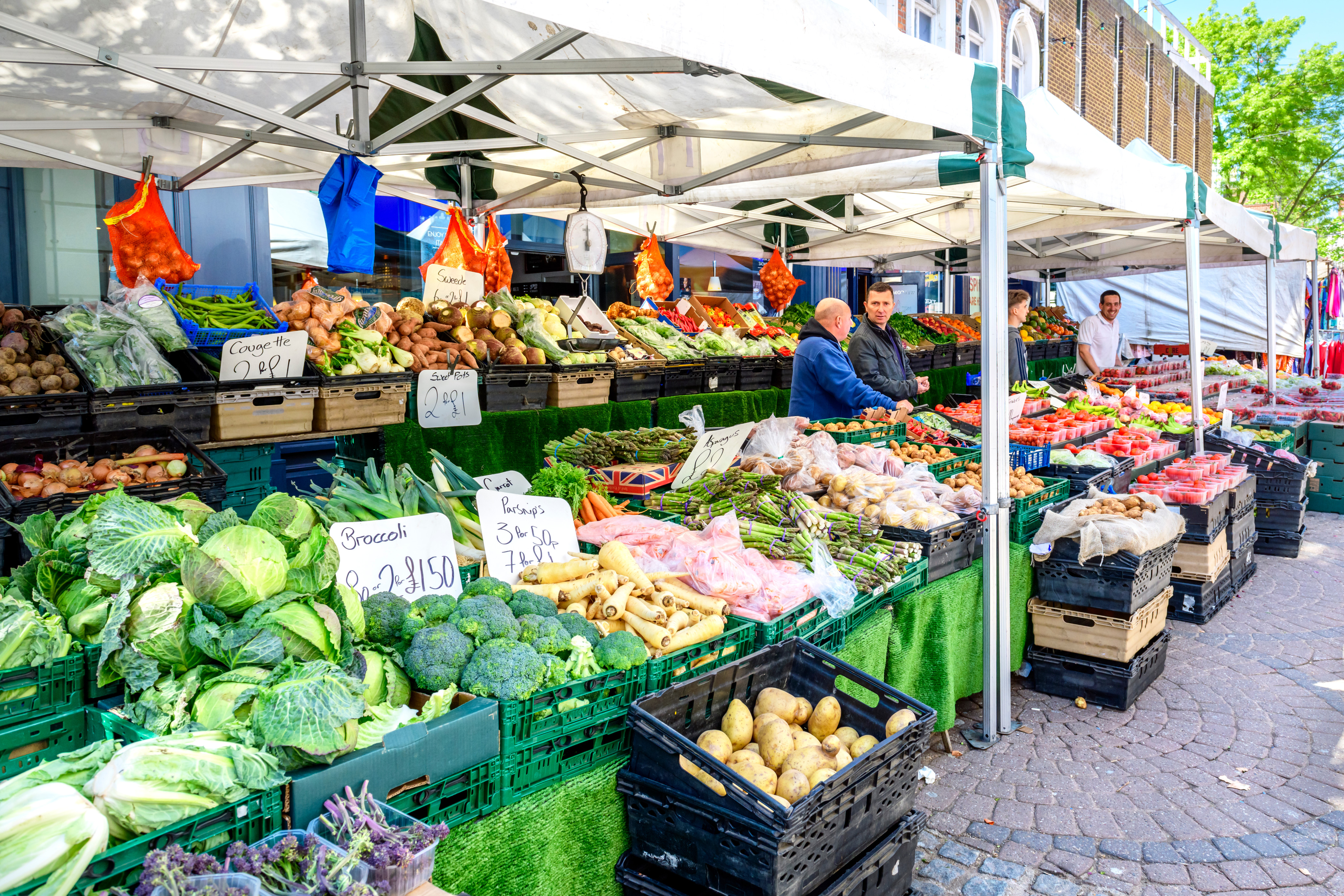 Locally grown fruit and vegetables for sale at a market in Ramsgate, in Kent, UK. 