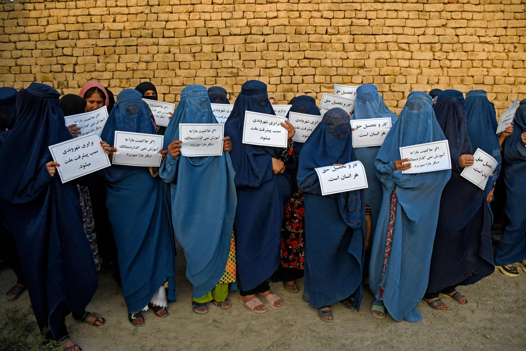 Afghan burka-clad women protest for their right to education. Photo: AFP