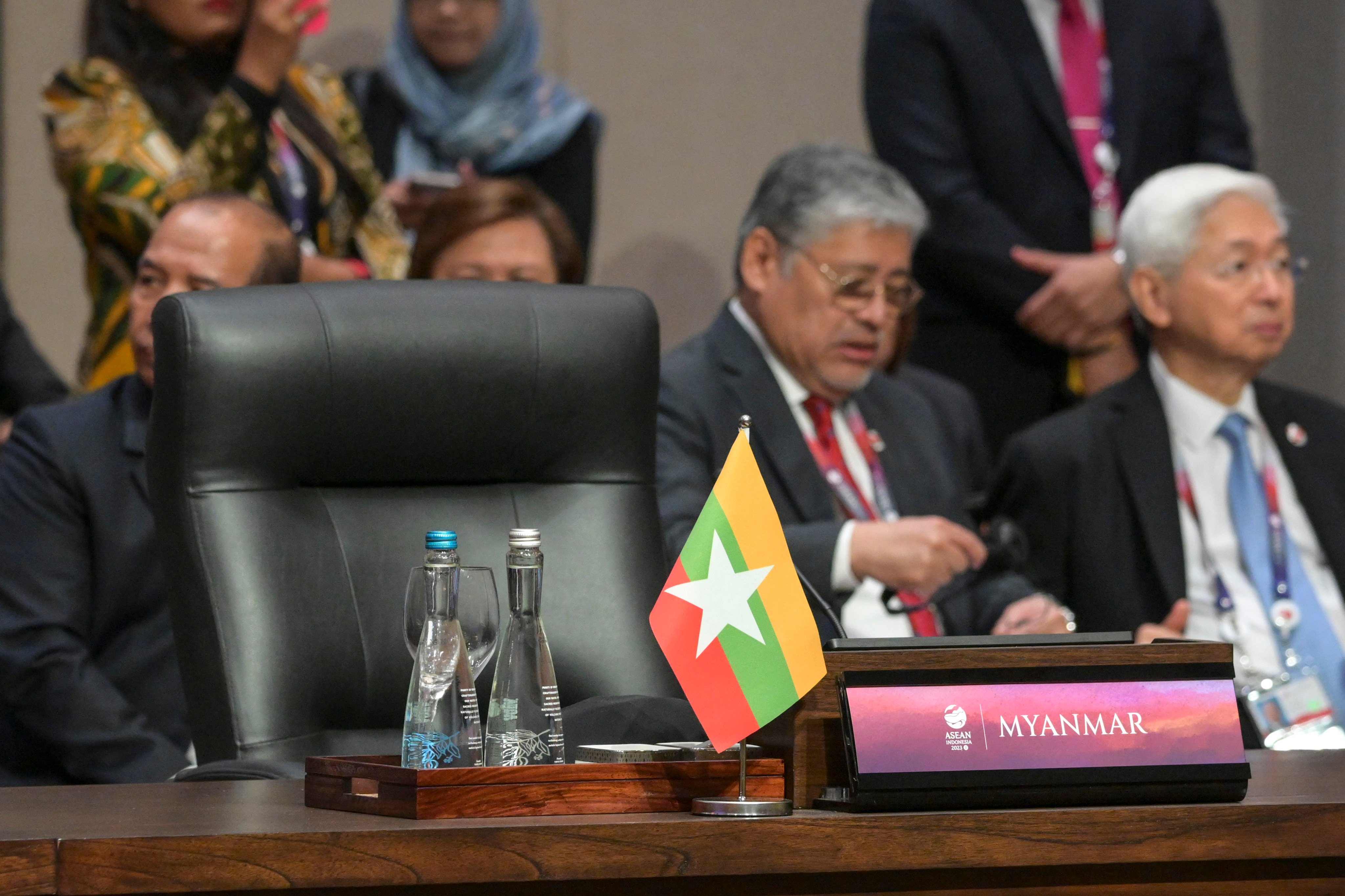 A seat reserved for the leader of Myanmar is seen left empty on Wednesday during the Asean-Japan Summit in Indonesia. Photo: AP