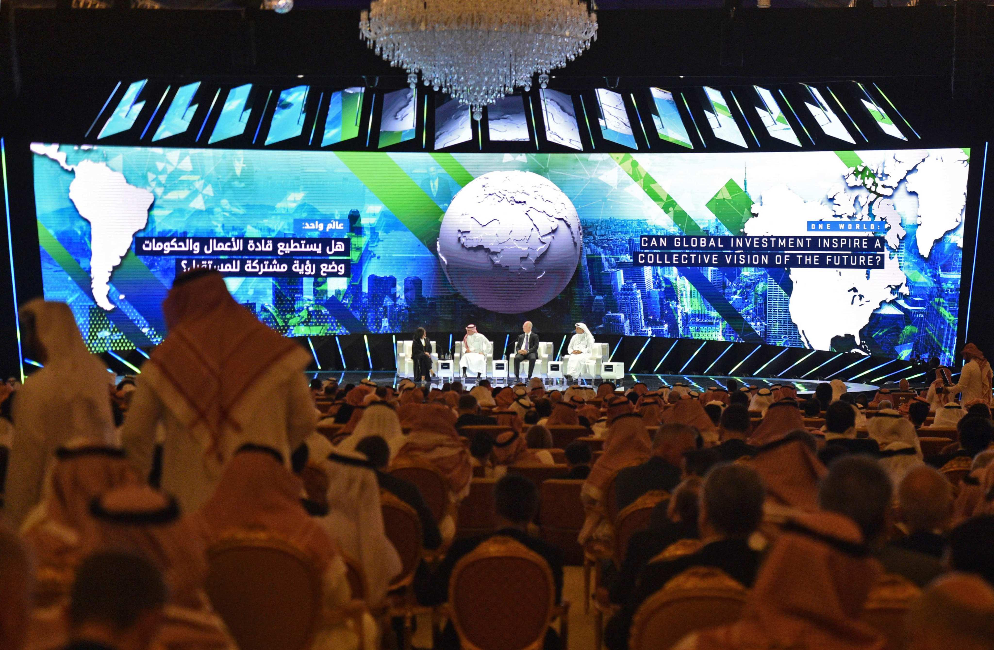 Khaldoon Khalifa al-Mubarak, managing director and CEO of Mubadala Development Company (first right) speaking during the Future Investment Initiative (FII) conference in the Saudi capital Riyadh on October 23, 2018. Photo AFP