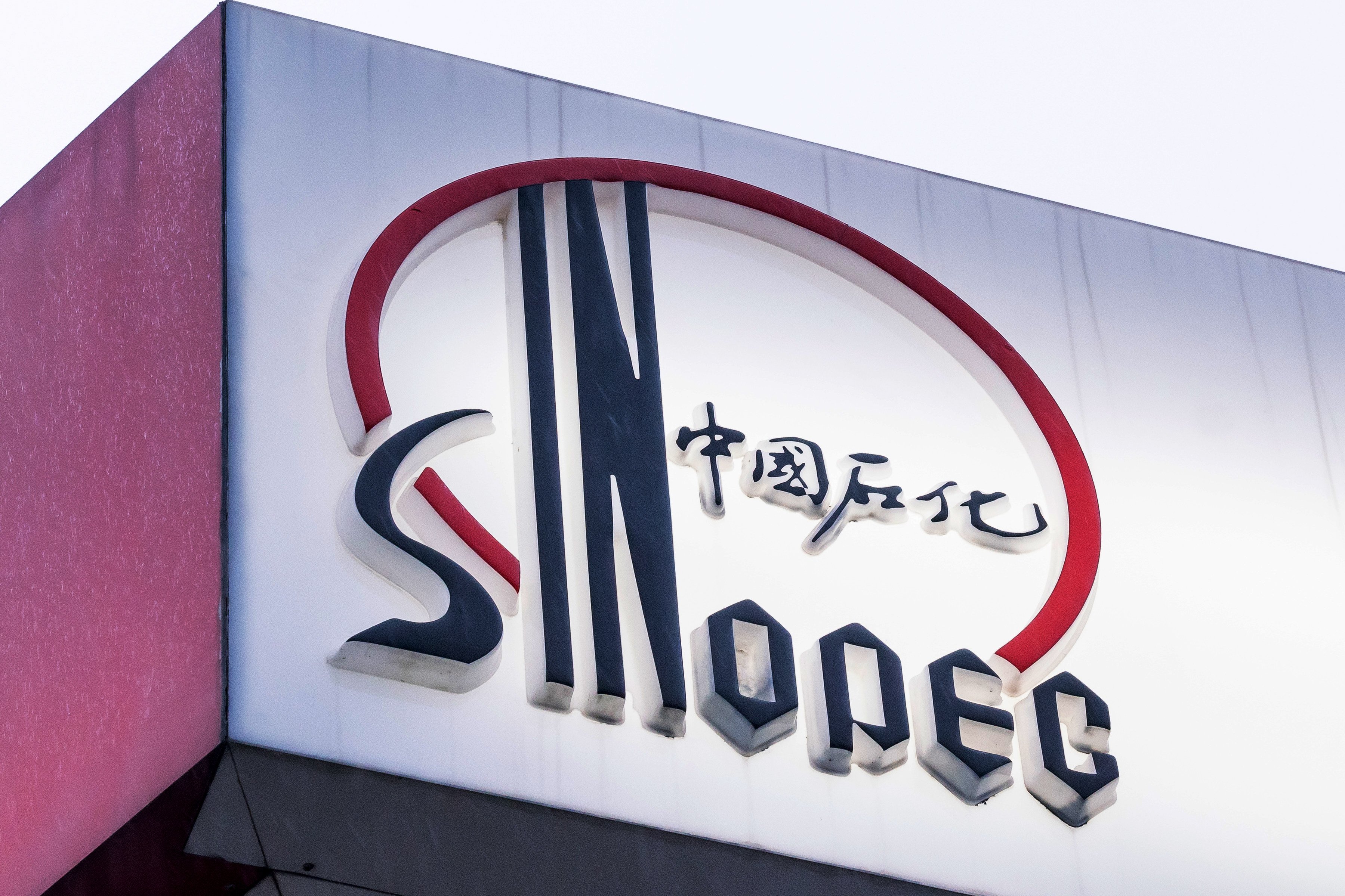 Signage sits atop a China Petroleum & Chemical (Sinopec) gas station in Hong Kong on March 23, 2019. Photo: Bloomberg