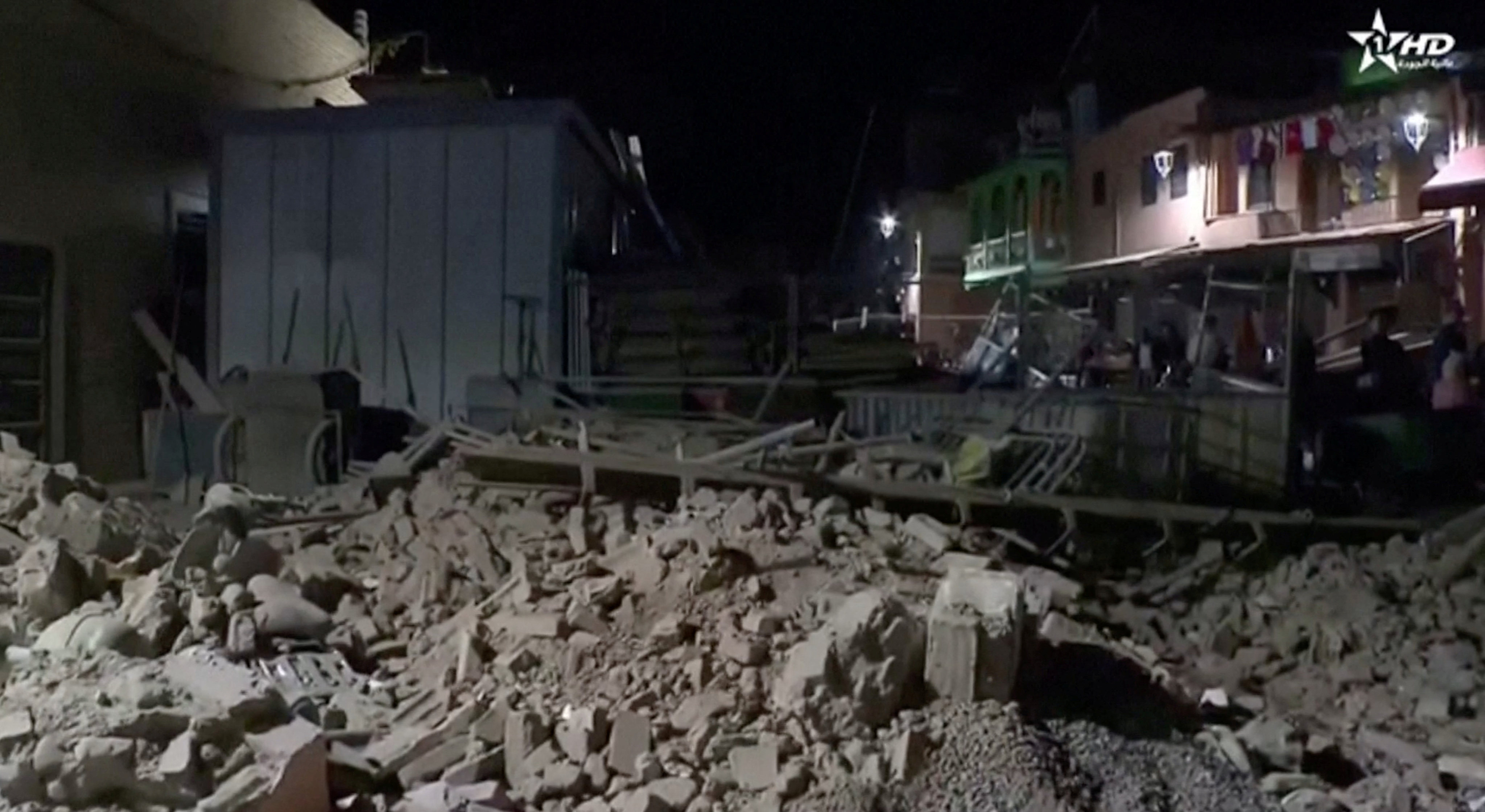 Rubble from the earthquake in Marrakech, Morocco, on Saturday. Photo: Al Oula TV/Handout via Reuters