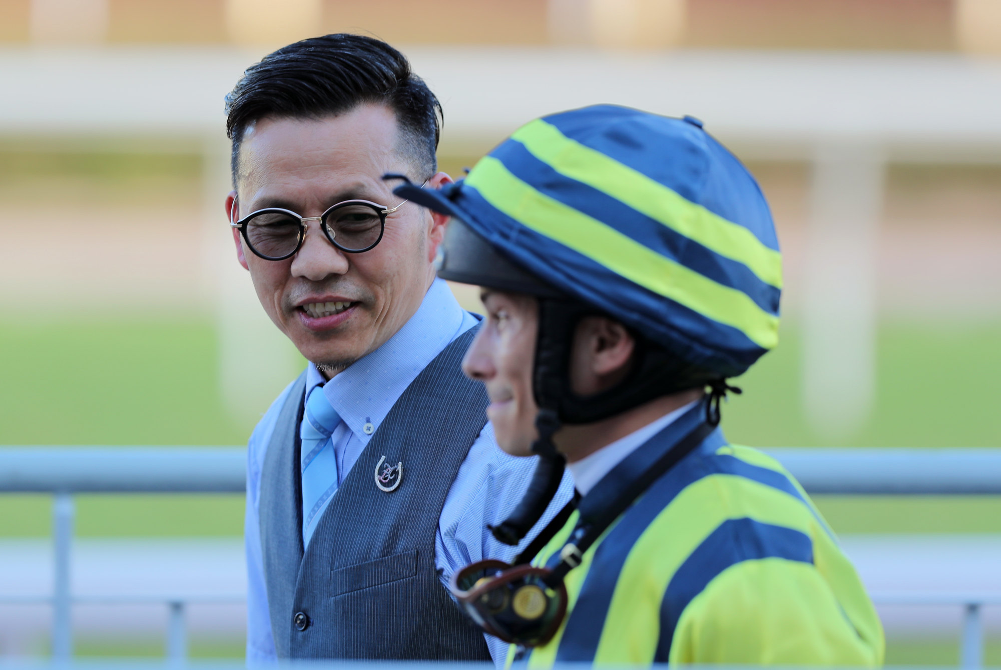 Trainer Frankie Lor and jockey Alexis Badel celebrate Adios’ Class One Swaine Cup (1,200m) win at Sha Tin on July 9.