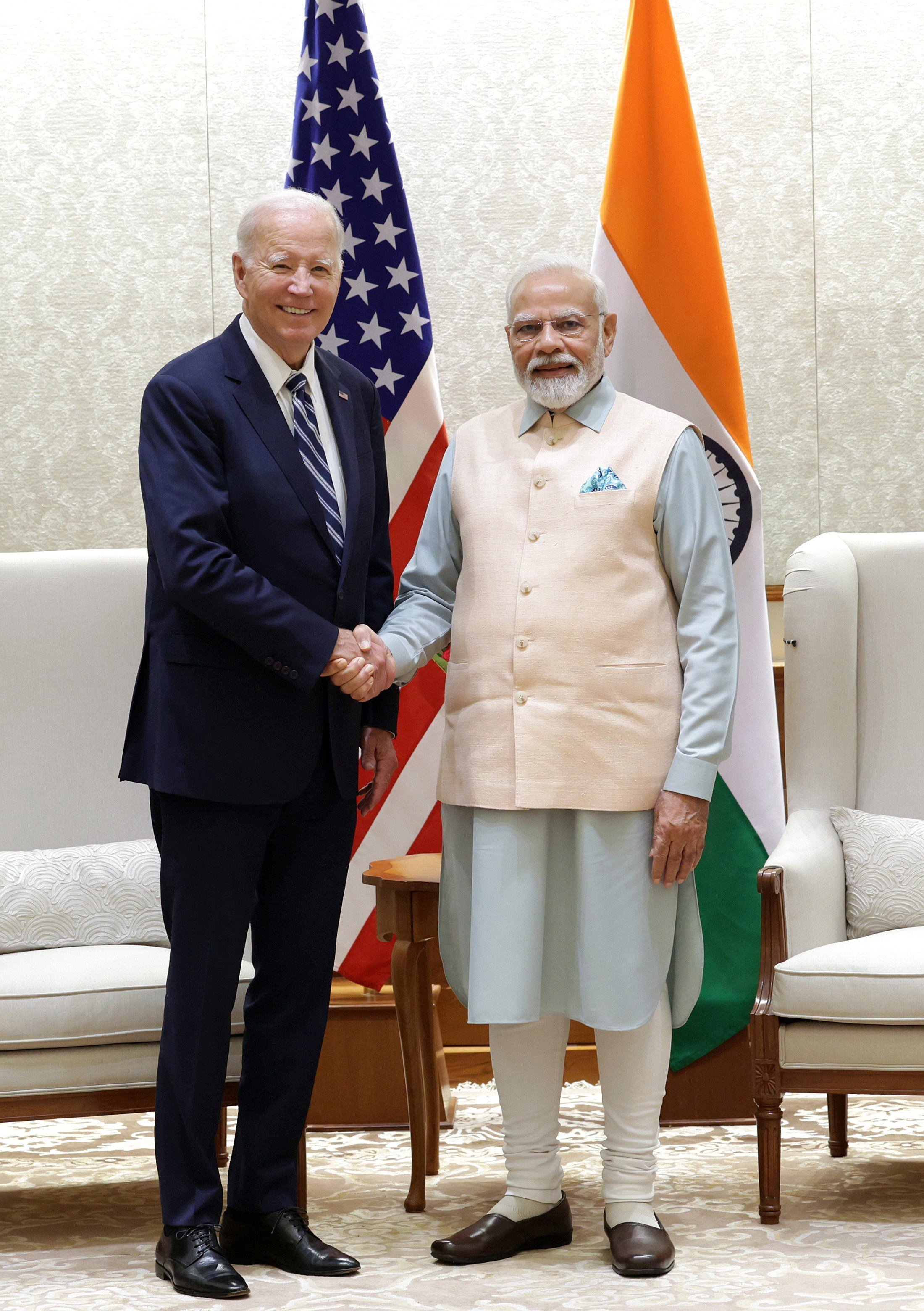 US President Joe Biden and Indian Prime Minister Narendra Modi in New Delhi on Friday, ahead of  the Group of 20 summit scheduled for the weekend. Photo: Indian Press Information Bureau via EPA-EFE