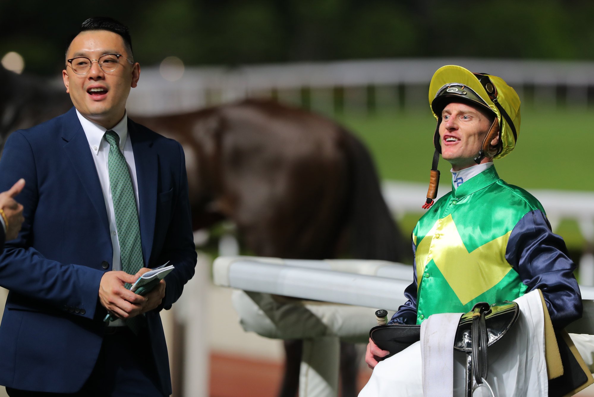 Trainer Pierre Ng and jockey Zac Purton celebrate Greenwich’s Class Four victory over 1,200m at Sha Tin on June 25.