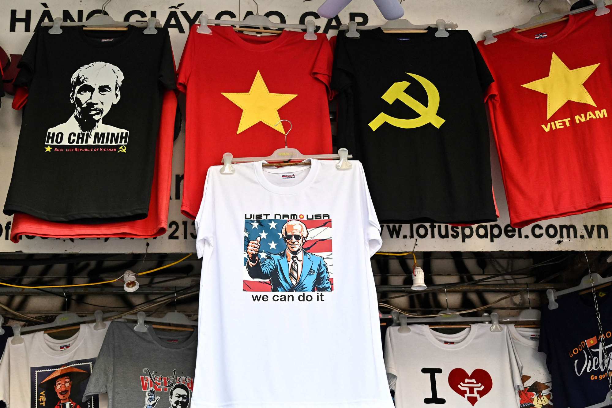 A T-shirt with an image of US President Joe Biden in a souvenir shop in Hanoi ahead of his visit. Photo: AFP