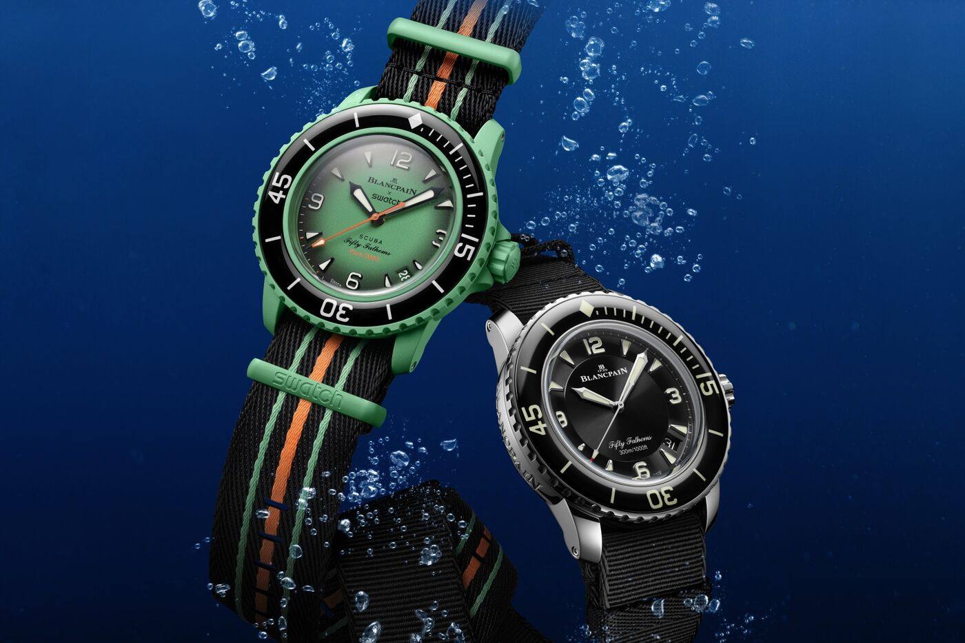 Swatch honours the legendary Blancpain Fifty Fathoms with five models made from bioceramic material, powered by its Sistem51 mechanical movement and water resistant down to 91 metres. Photo: @blancpain1735/Instagram