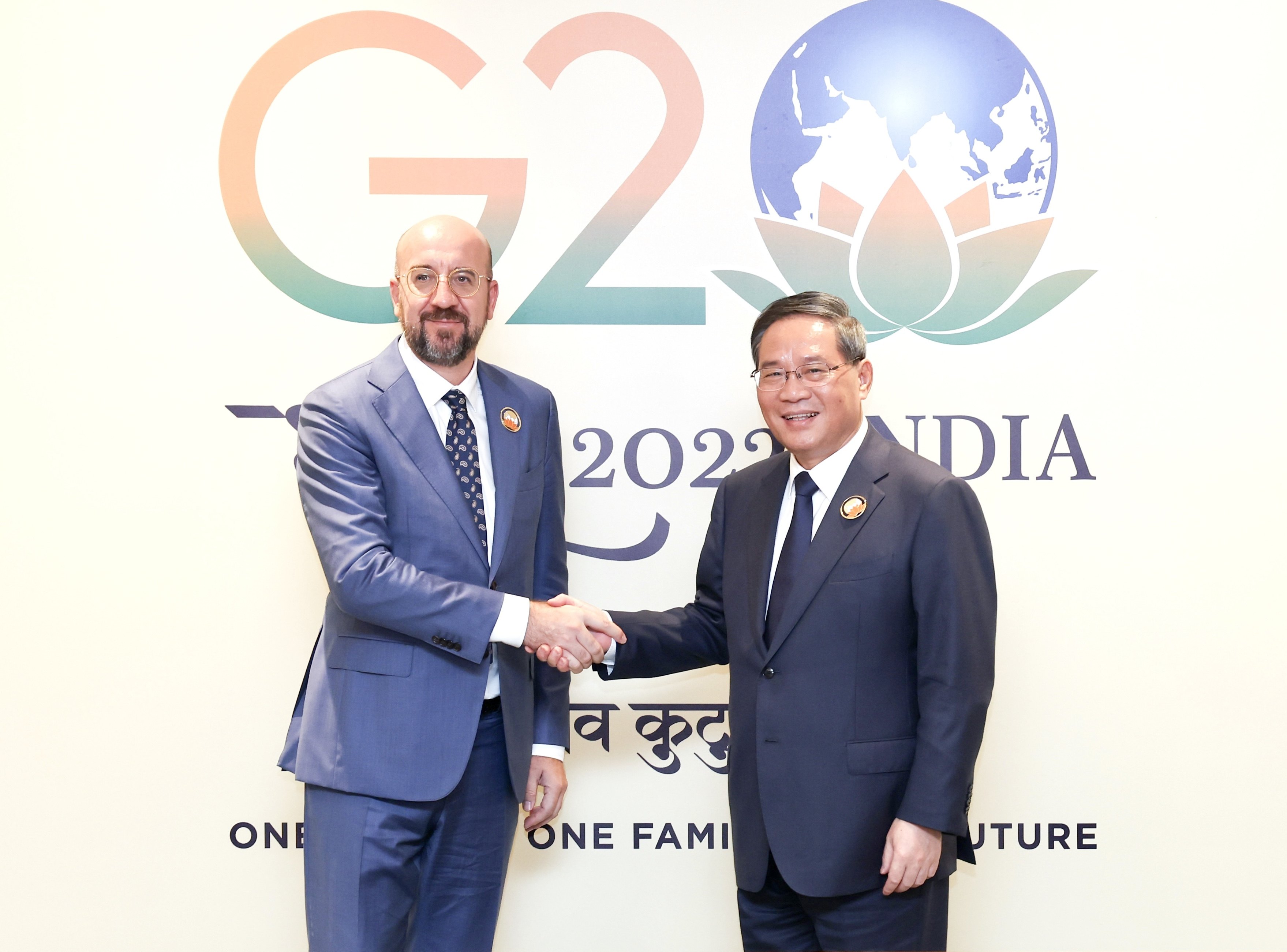 European Council President Charles Michel meets Chinese Premier Li Qiang on the sidelines of the G20 summit in New Delhi, India, on Sunday. Photo: Xinhua
