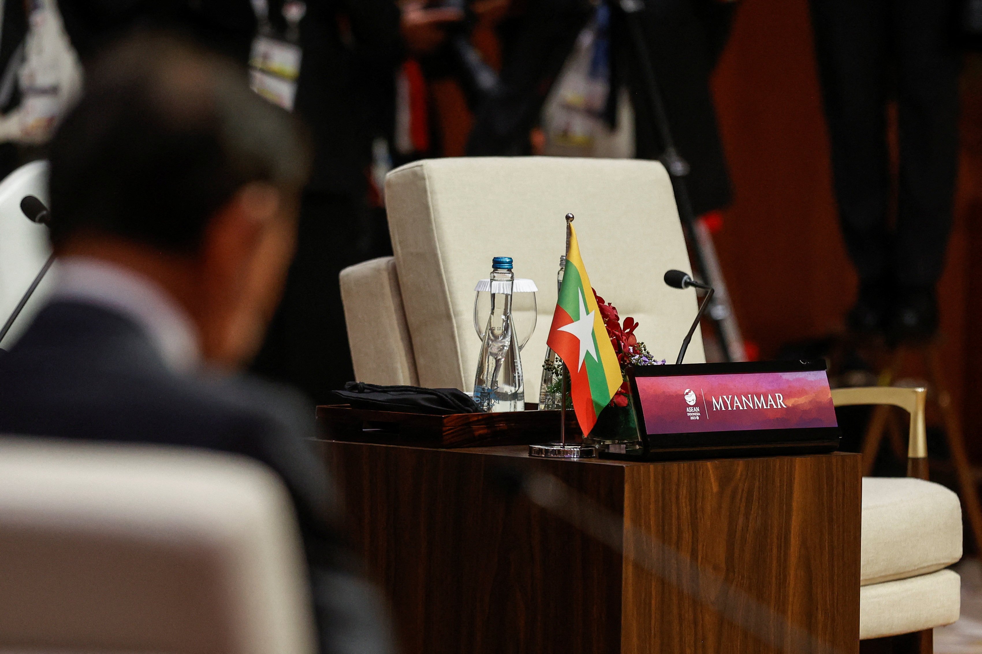 The seat reserved for Myanmar is empty during the retreat session of the 43rd Asean summit in Jakarta, Indonesia, on September 5. Southeast Asian countries have taken steps to nudge Myanmar towards compliance with the bloc’s peace plan, but they are likely to prove too small to make a significant impact. Photo: Reuters