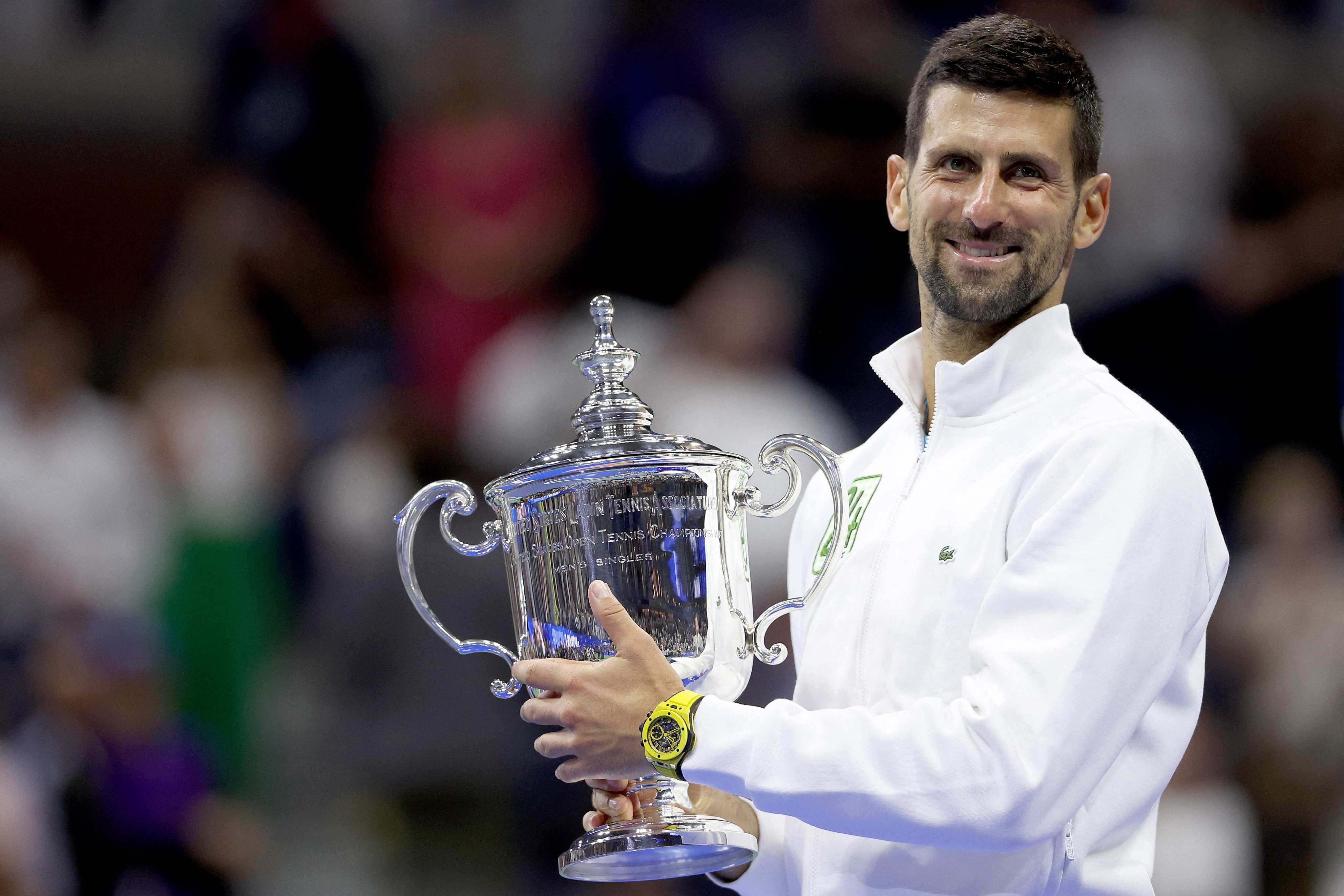 Novak Djokovic celebrates after defeating Daniil Medvedev in the 2023 US Open men’s singles final. Photo: AFP