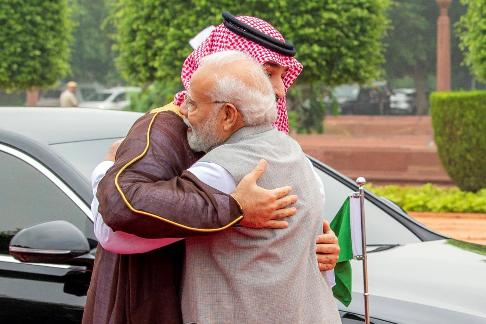 Indian Prime Minister Narendra Modi embraces Saudi Arabia’s Crown Prince Mohammed bin Salman before their bilateral meeting at Hyderabad House on Monday. Photo: Saudi Press Agency/dpa