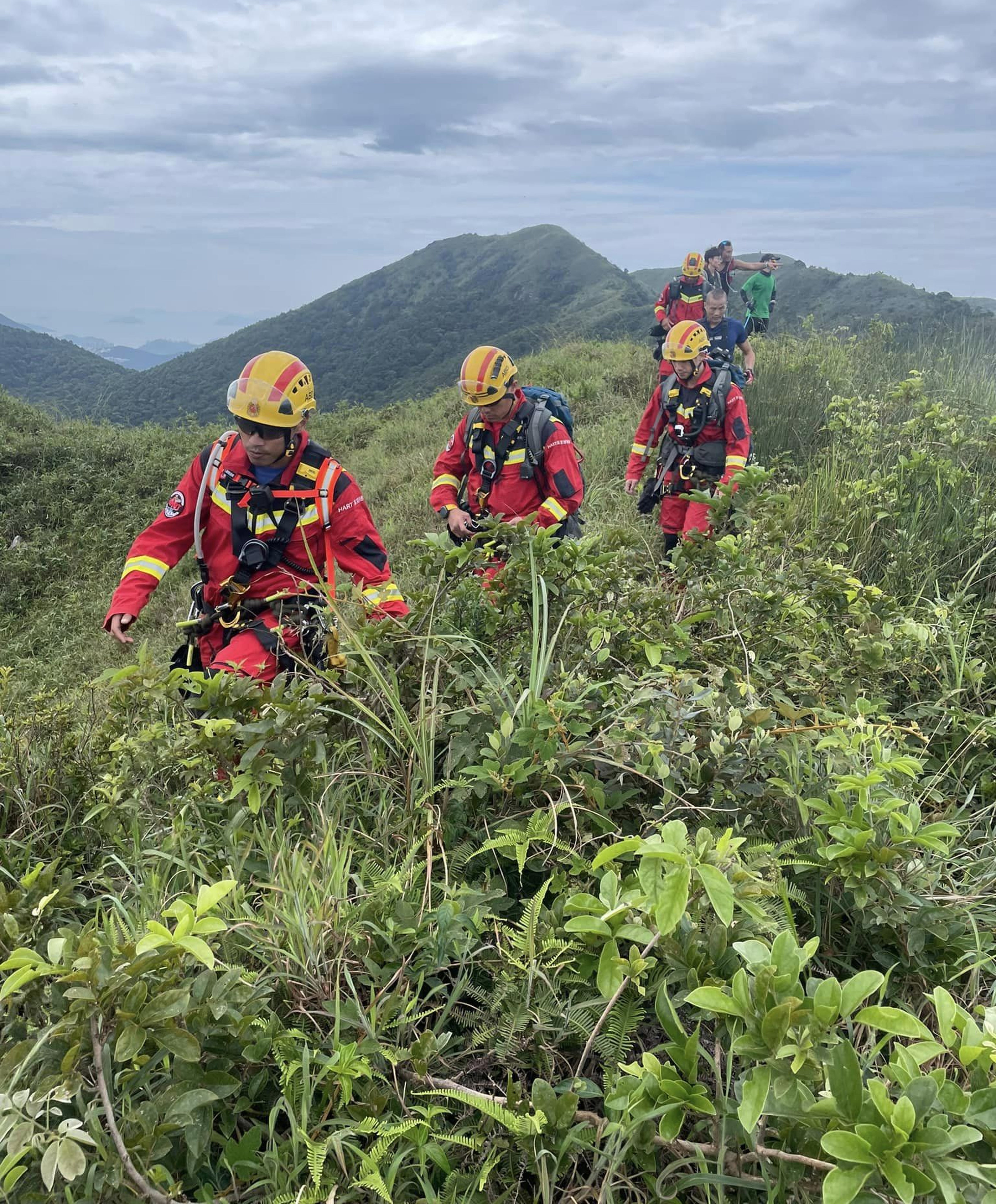 Members of the Fire Services Department and volunteers search a hilltop for Ning Kwok-leung on August 31. Photo: Handout
