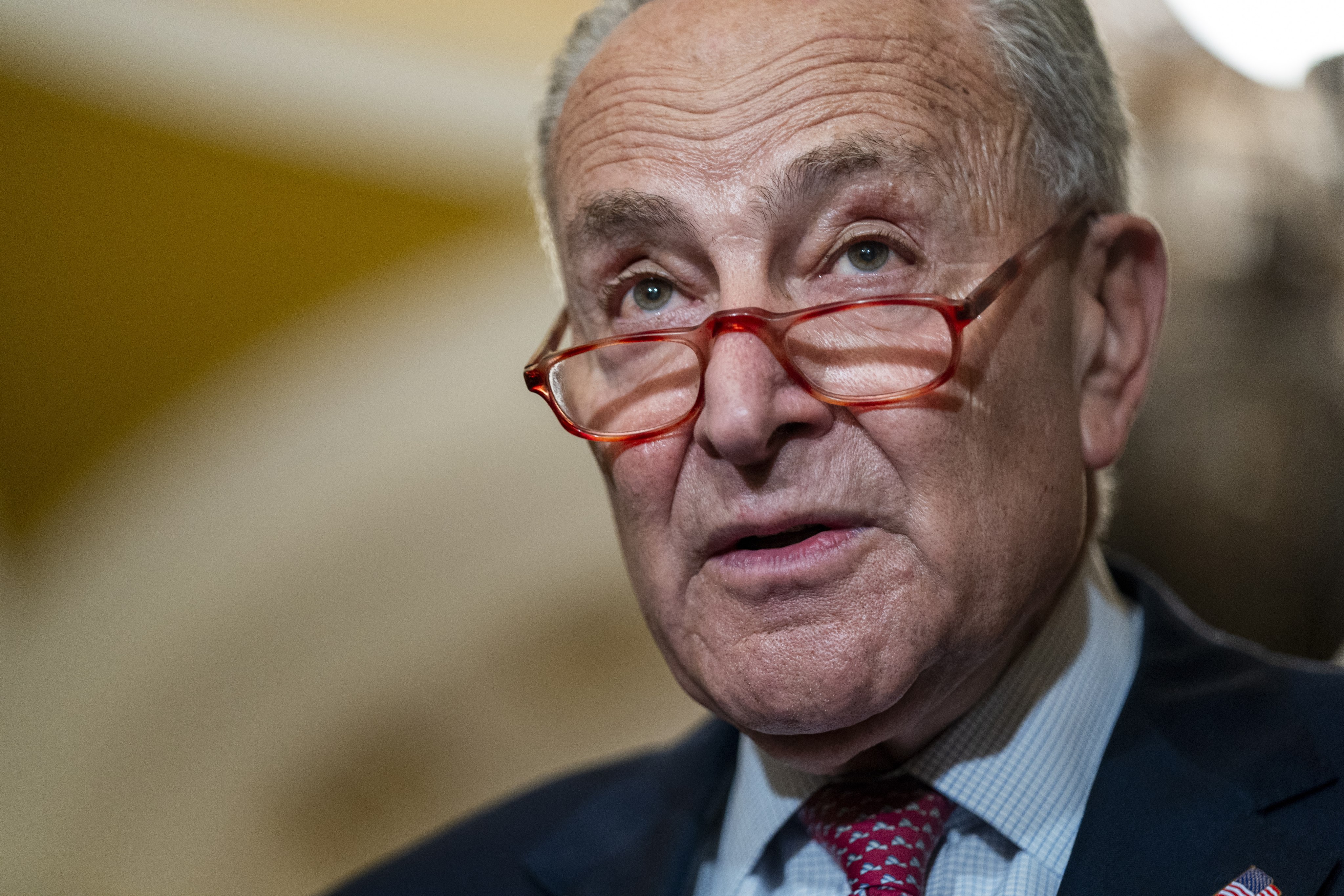 US Senate Majority Leader Chuck Schumer responds to a question from the news media at the US Capitol on Tuesday. Photo: EPA-EFE