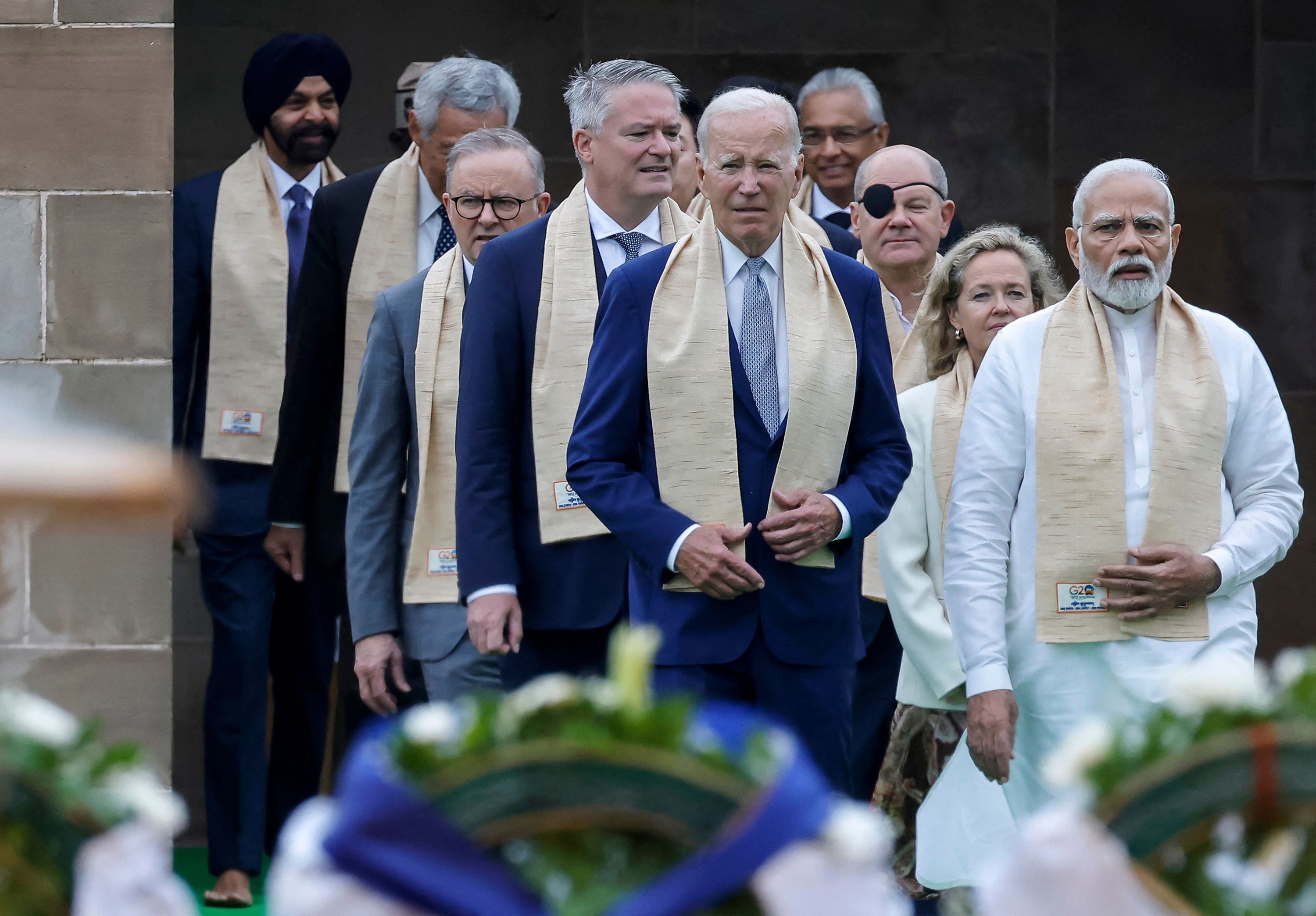 Indian Prime Minister Narendra Modi (right) and US President Joe Biden (centre) are among world leaders arriving to pay their respects at a memorial site dedicated to Mahatma Gandhi on the sidelines of the G20 summit in New Delhi on September 10. Photo: TNS 