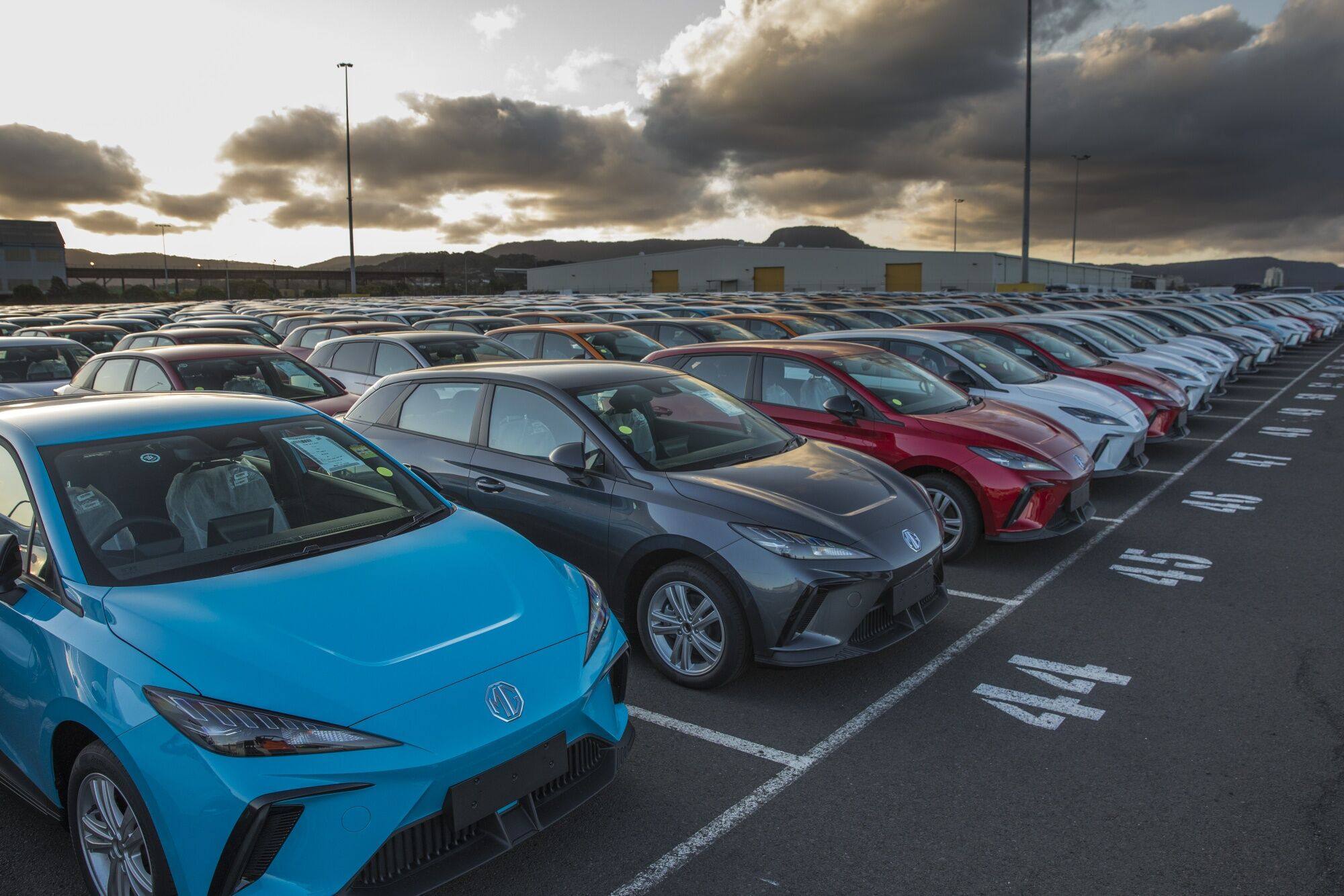 MG4 electric vehicles sit in a lot at Port Kembla vehicle terminal in Port Kembla, Australia, on September 2, 2023, following import from China. Photo: Bloomberg