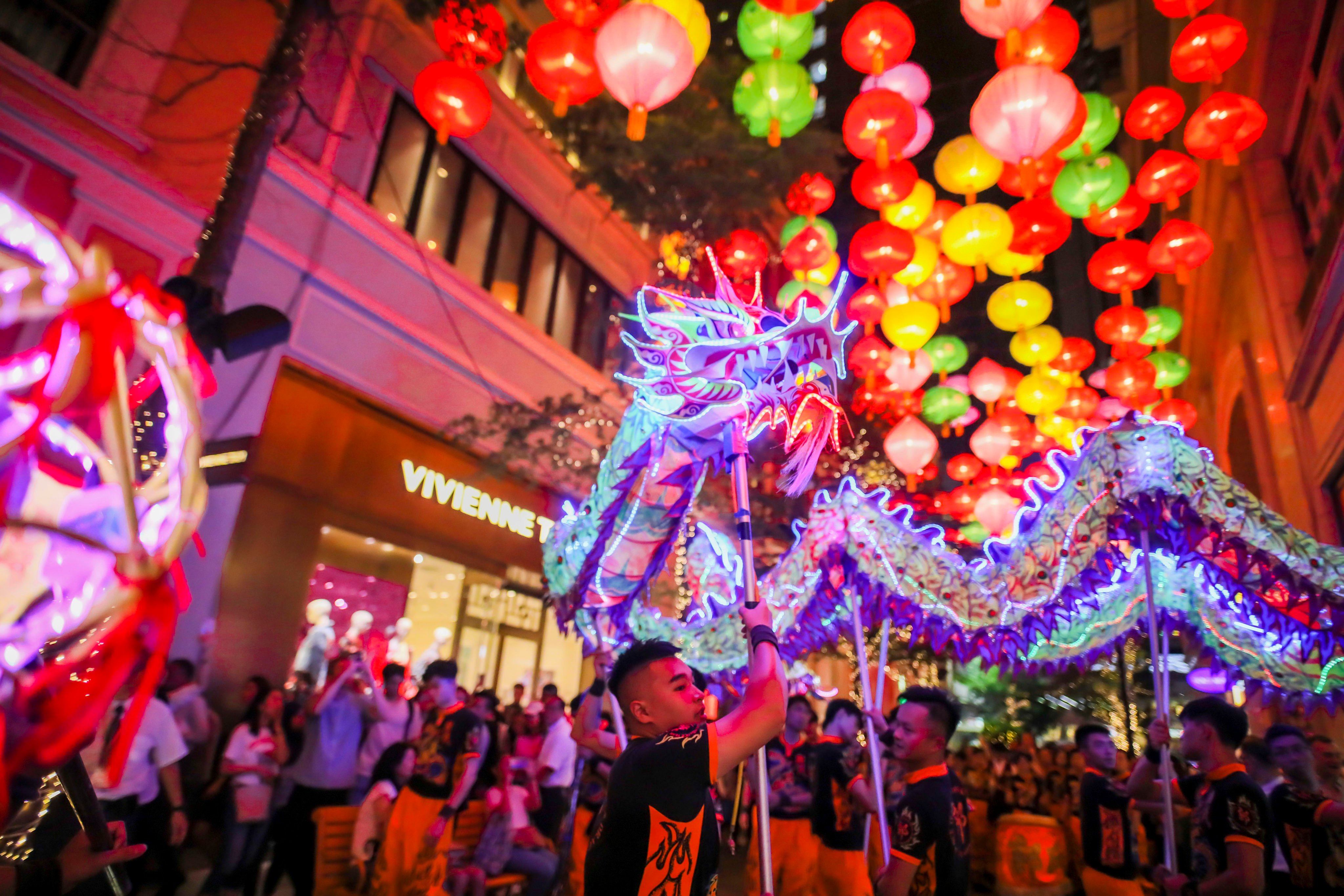Dragon dancers perform with an 18-metre-long LED dragon at a previous iteration of the “Moon Fest Lumiere” Mid-Autumn Festival celebration at Lee Tung Avenue in Wan Chai, Hong Kong. Photo: Lee Tung Avenue