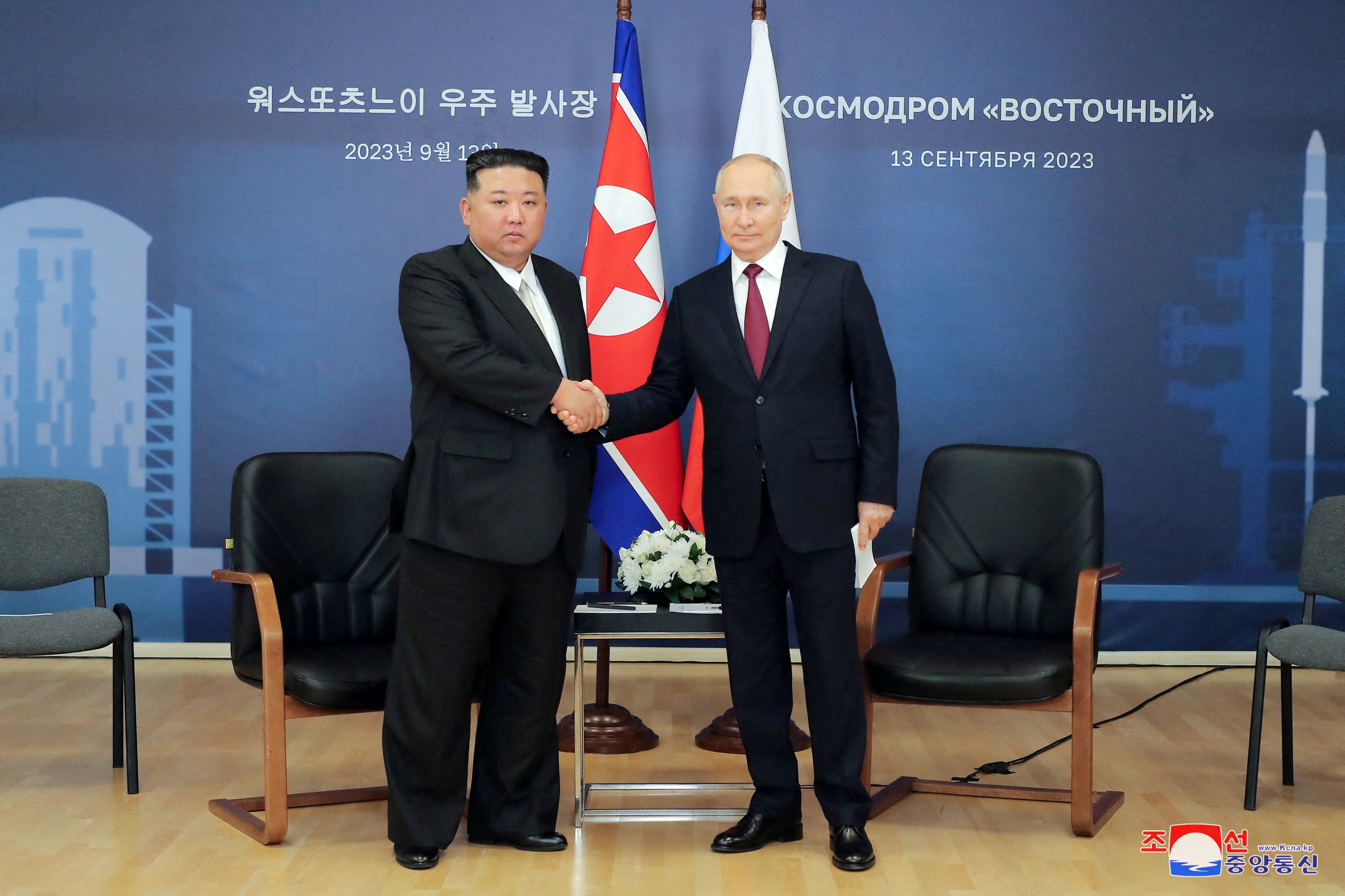 Russia’s President Vladimir Putin and North Korea’s leader Kim Jong-un attend a meeting in Russia. Photo: Reuters