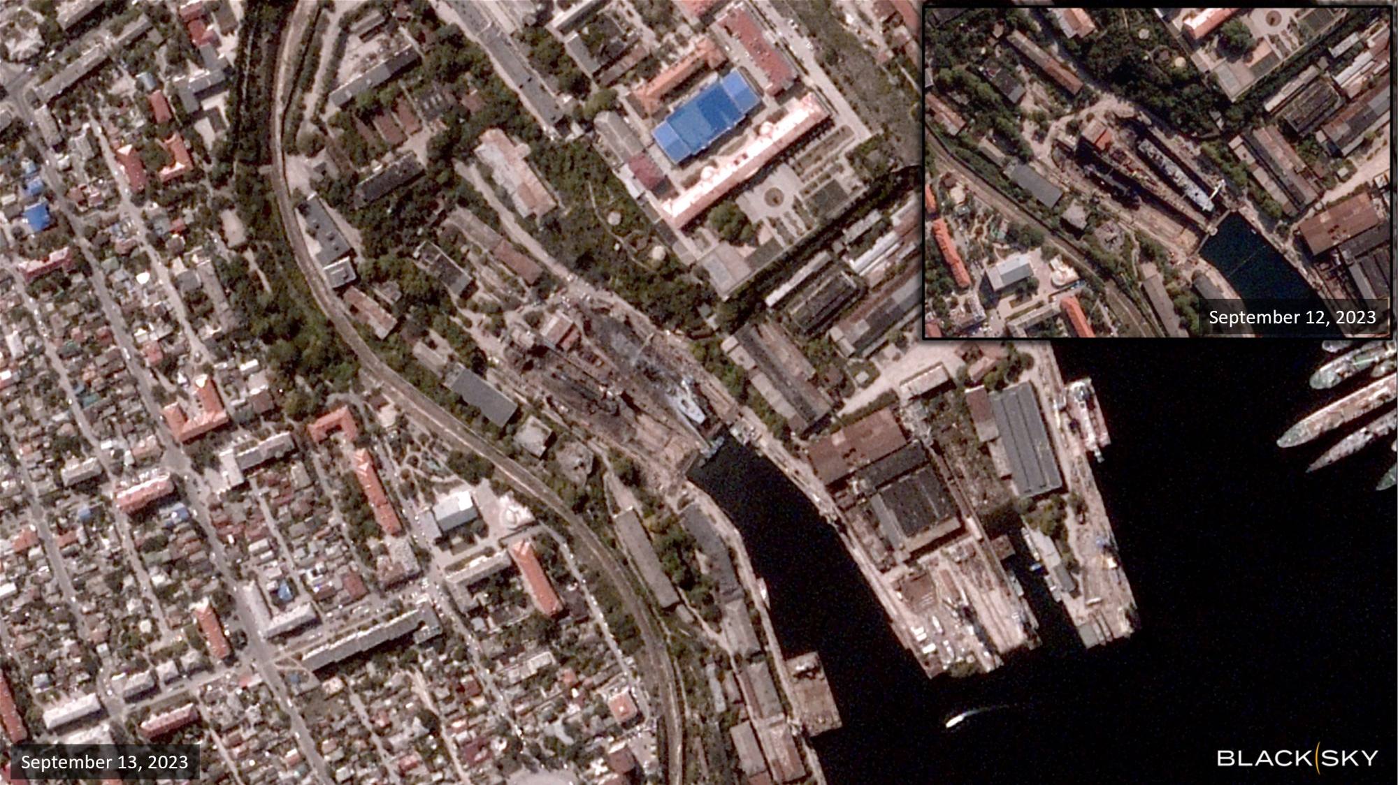 Satellite pictures show the Sevastopol Shipyard (top right) on September 12, 2023 before a strike, and after a strike on September 13, 2023. Photo: BlackSky via AFP