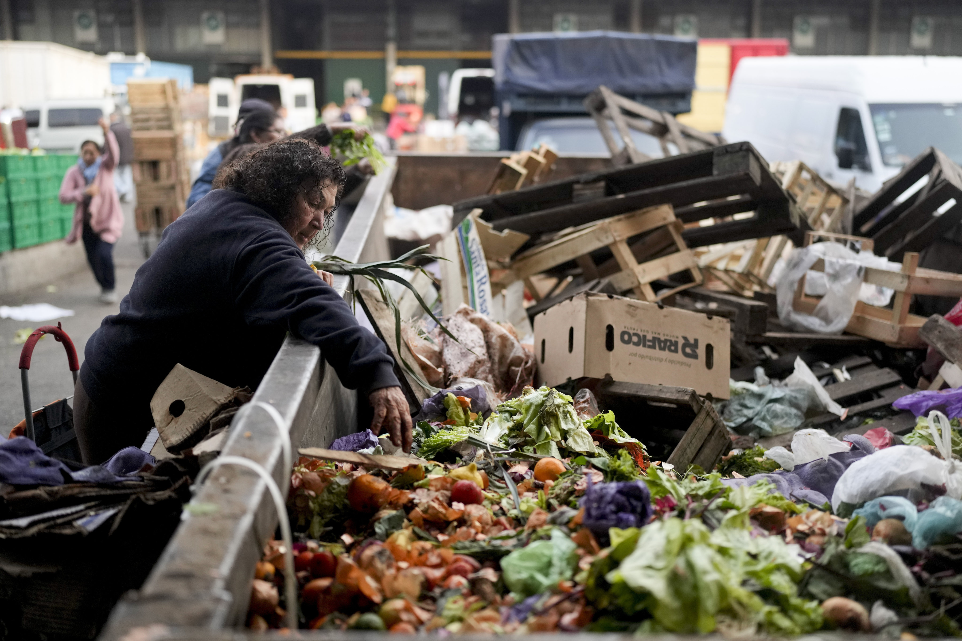 A woman reaches in a bin of discarded produce outside a market in Buenos Aires, Argentina. Photo: AP