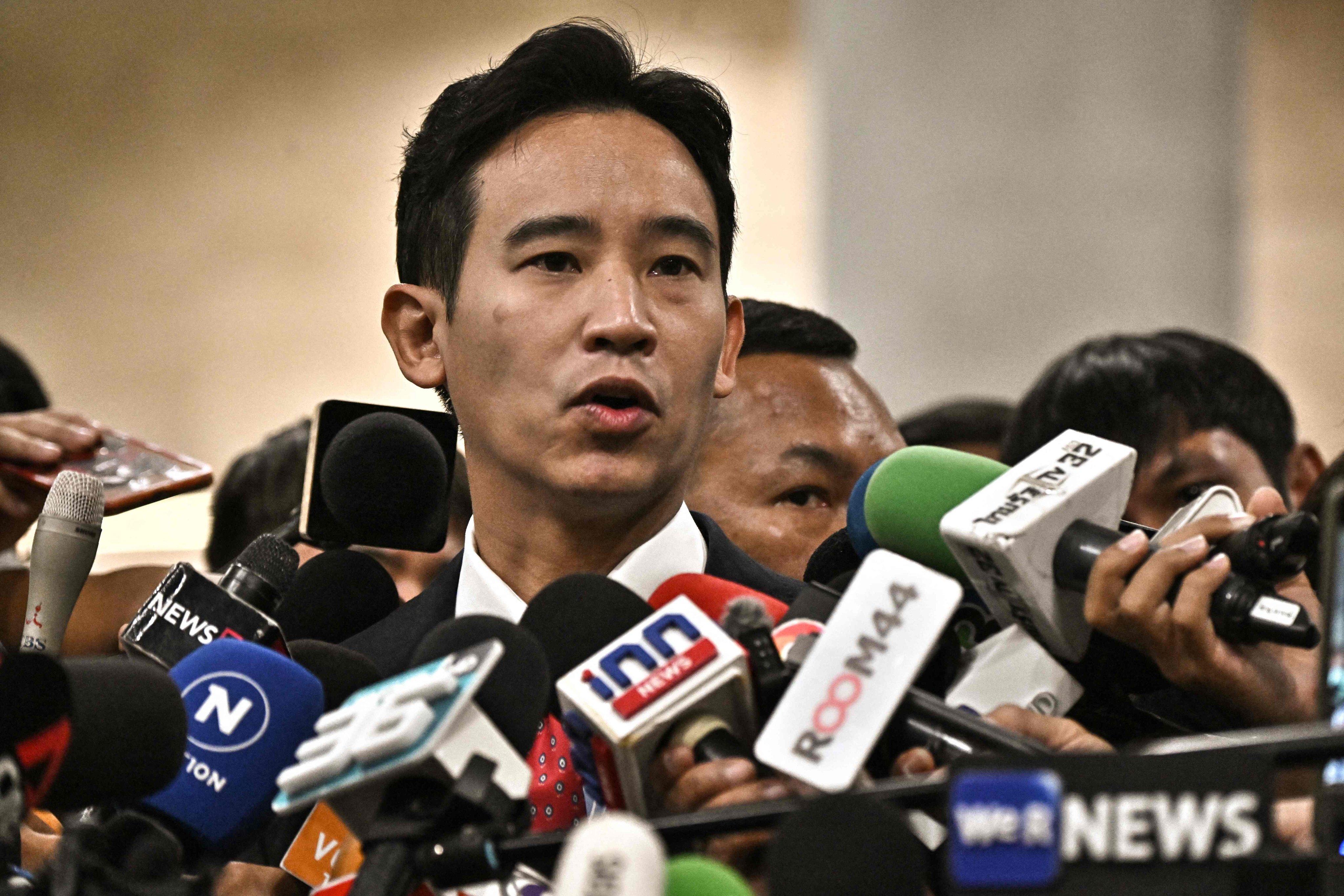 Former Thai PM candidate Pita Limjaroenrat speaking to the media on July 13, 2023. Pita says on Friday he is resigning as Move Forward Party leader. Photo: AFP 