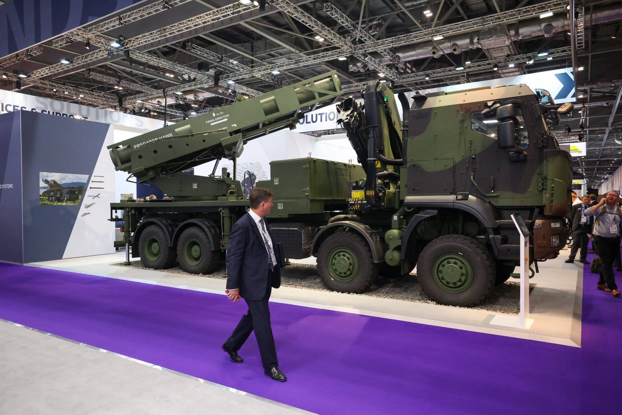 A Krauss-Maffei Wegmann EuroPULS MRL mounted on an Iveco Trakker 8X8 chassis on the opening day of the DSEI exhibition in London. Photo: Bloomberg