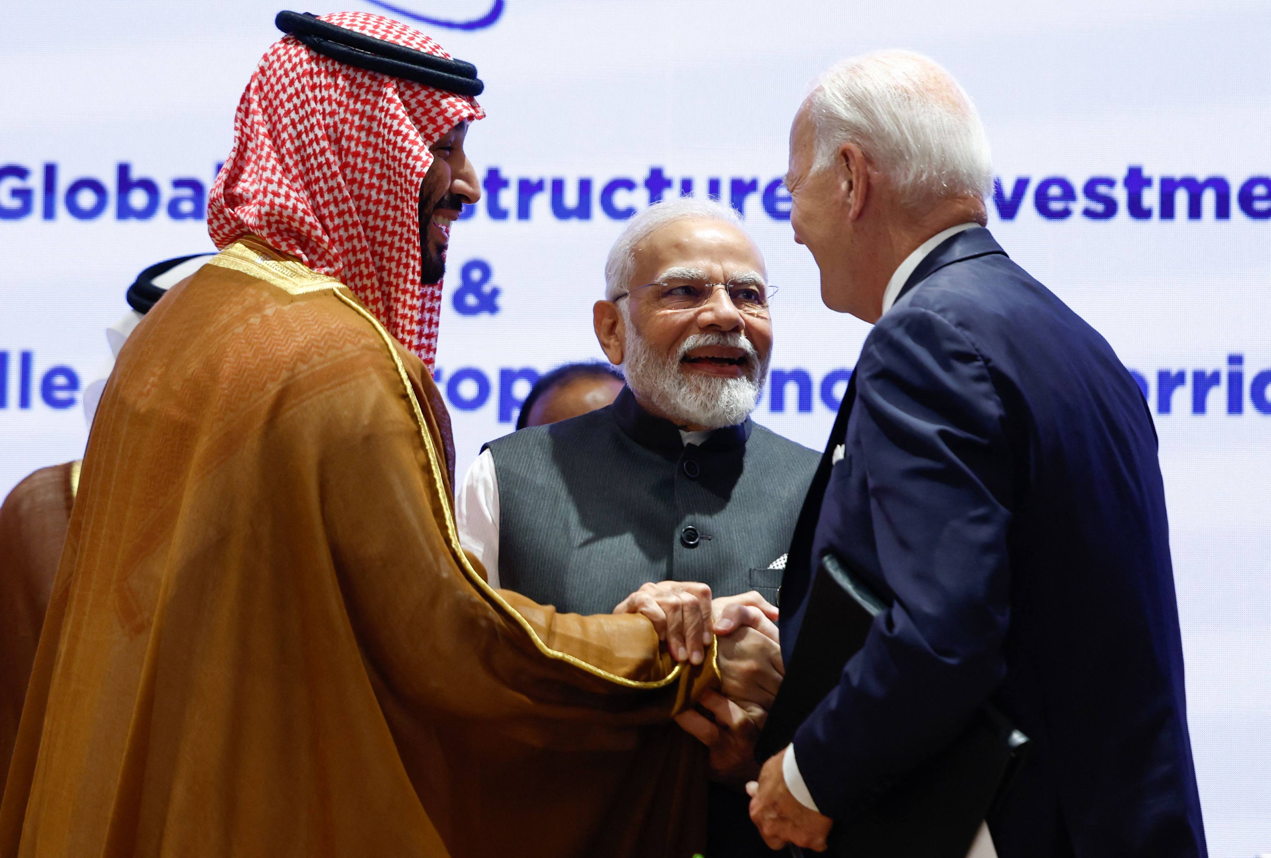 Saudi Arabia’s Crown Prince Mohammed bin Salman, India’s Prime Minister Narendra Modi and US President Joe Biden at the G20 summit. A new US-led project is purported to build infrastructure links between India, the Middle East and Europe. Photo: AFP