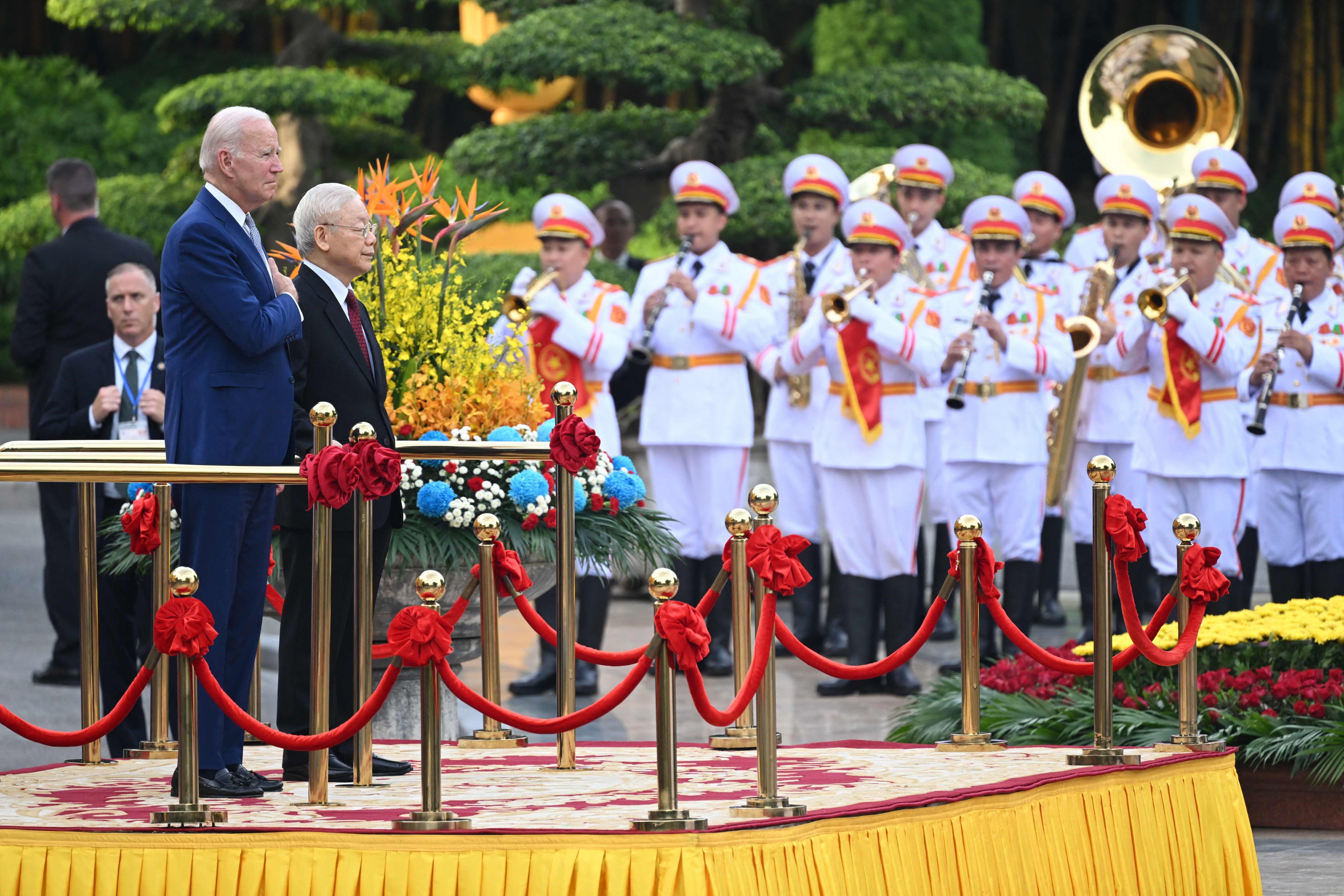 US President Joe Biden attends a welcoming ceremony hosted by Vietnam’s Communist Party General Secretary Nguyen Phu Trong in Hanoi on September 10. Photo: AFP